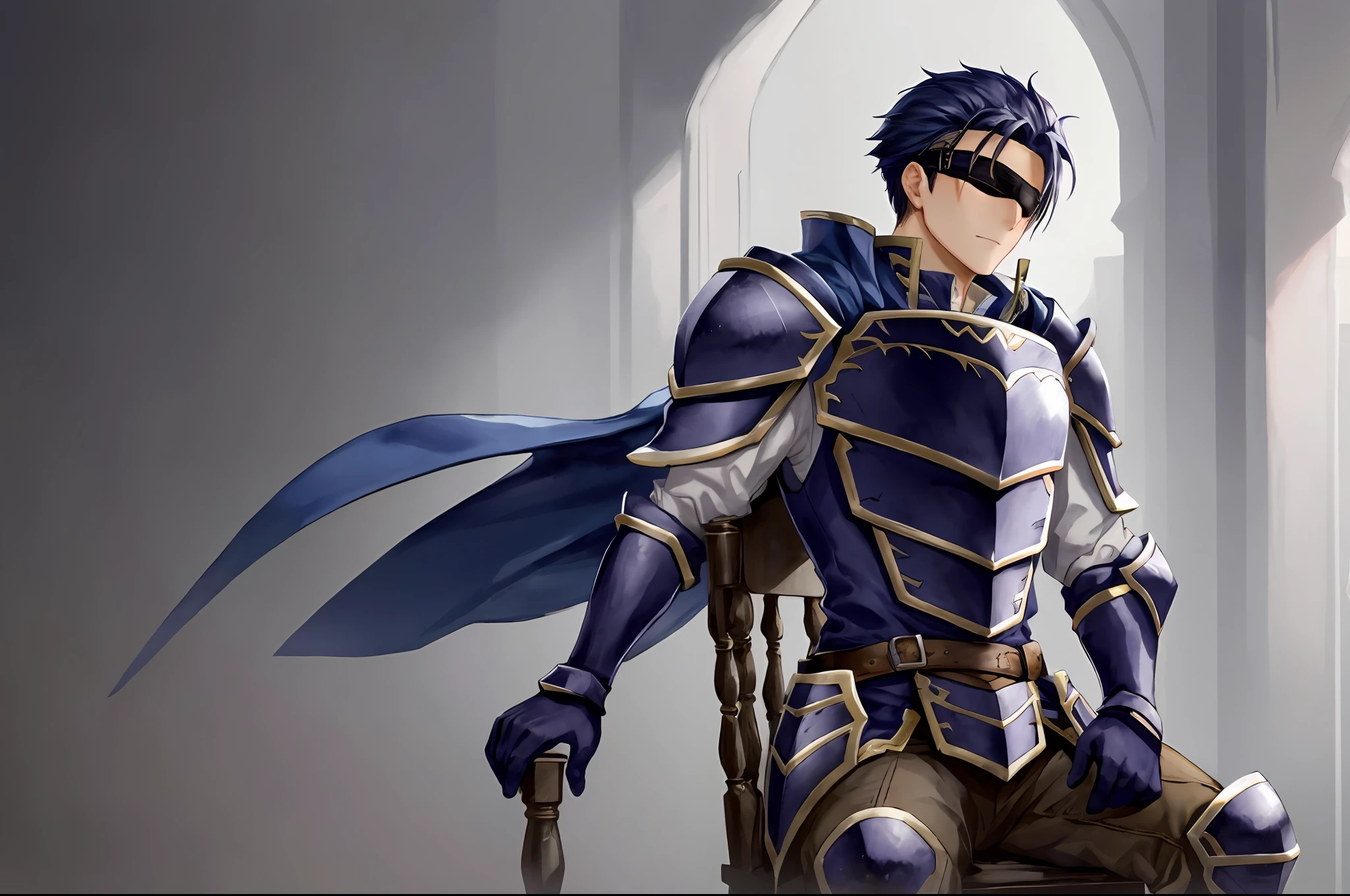 Hector Fey, 独奏, looking at viewert,sit astride(sit on chair), Cladding,Blindfolds(Blindfolded), mitts, 1 man, Male focus, cloaks, Armour, Shoulder armor, look from down