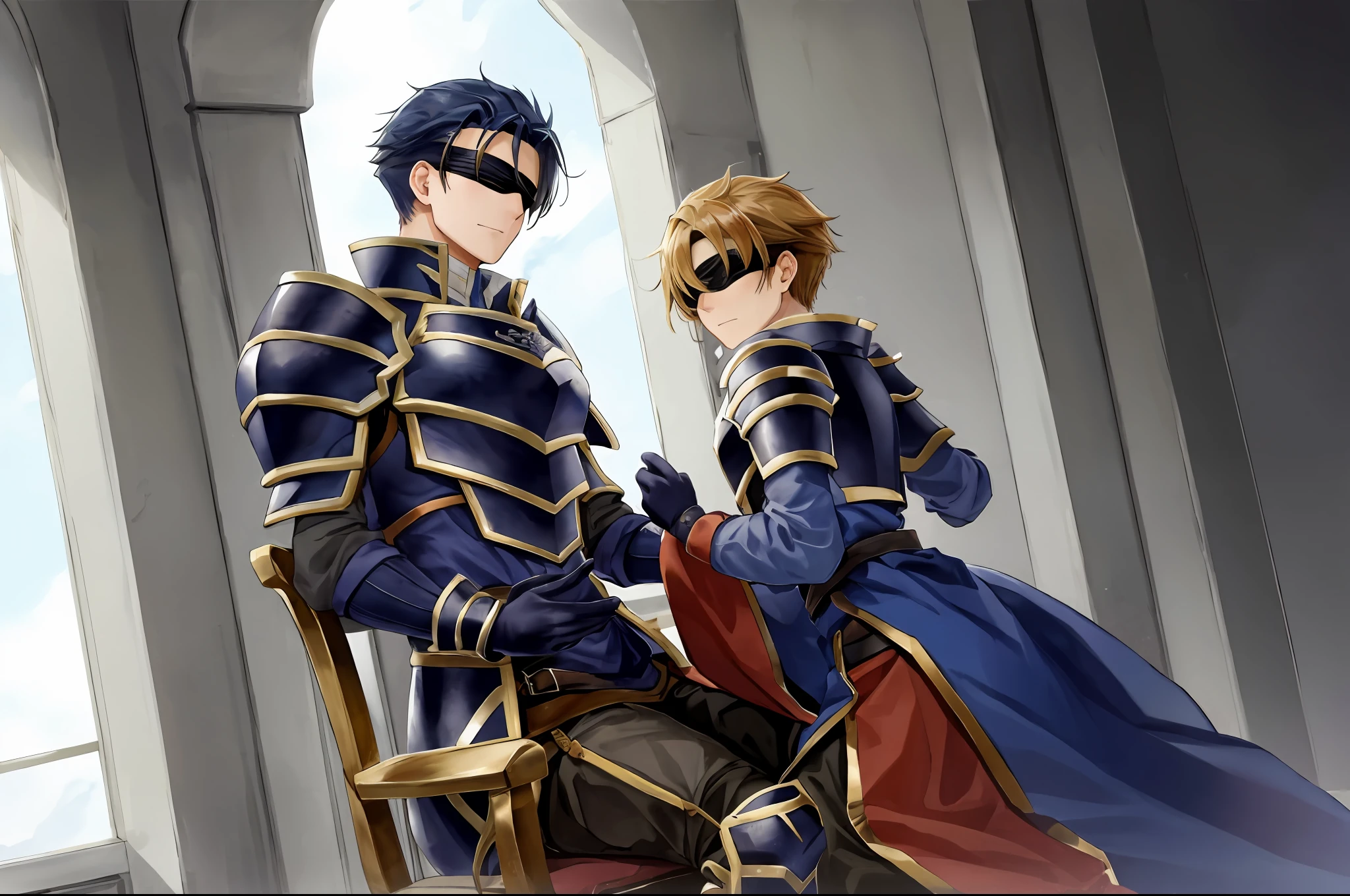 Hector Fey， 独奏， looking at viewert，sit astride（sit on chair）， Cladding，Blindfolds（Blindfolded）， mitts， 1 man， Male focus， cloaks， Armour， Shoulder armor， look from down
