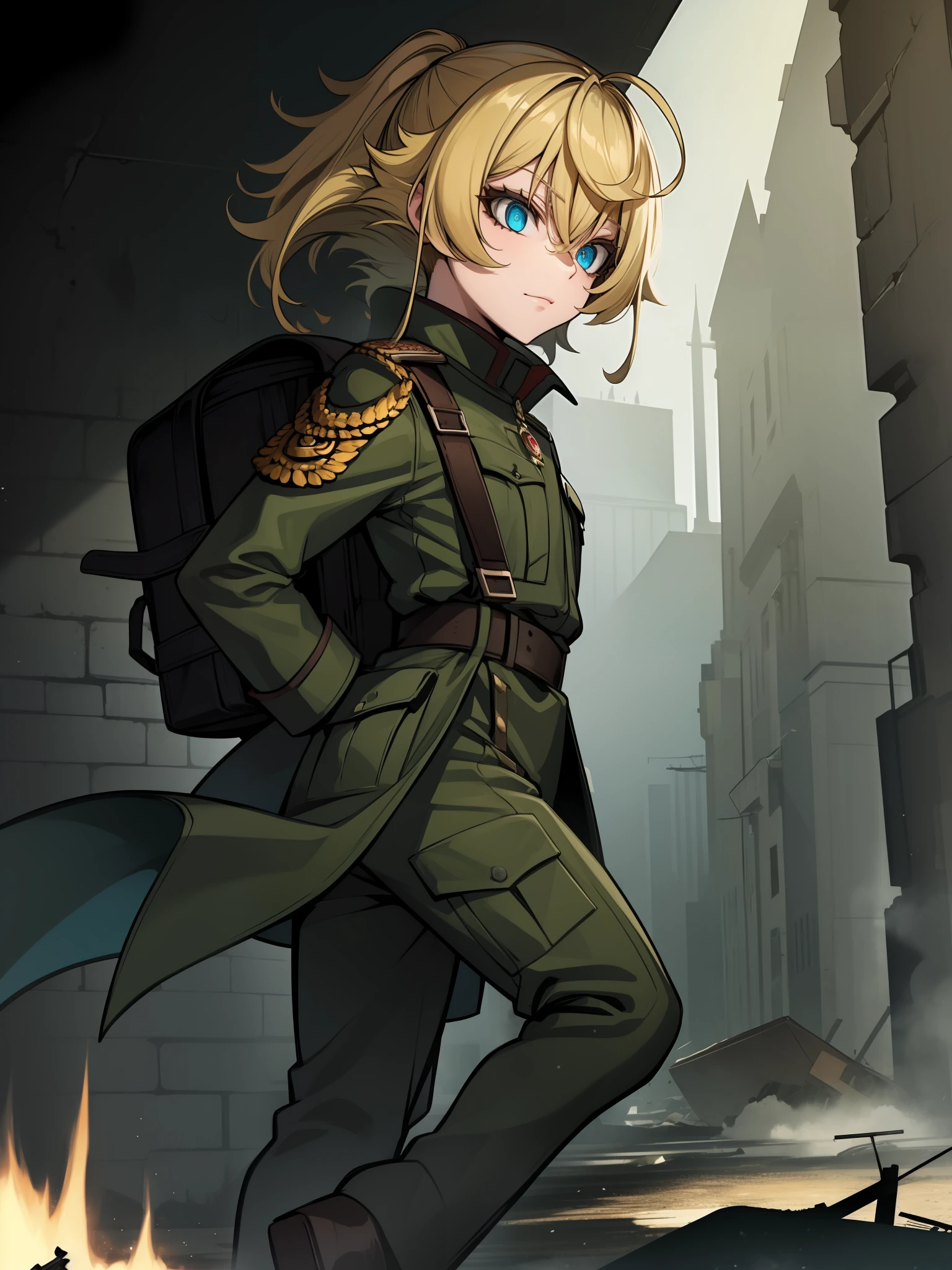 Tanya Degurechaff, Uniforme militar, baixa estatura, psychotic eyes, destroyed scenery, side view