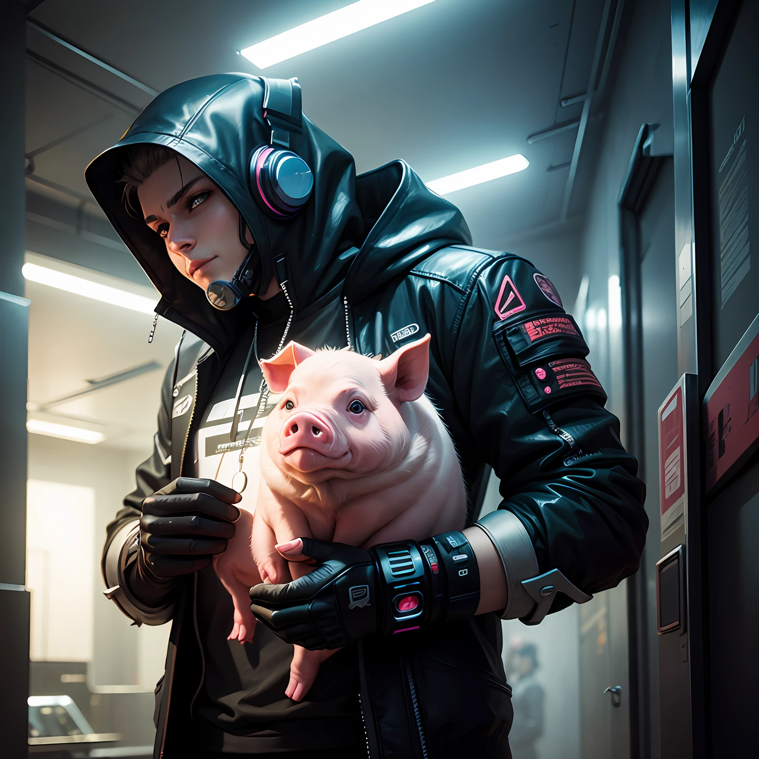 cyber punk perssonage,Holding a pig --auto