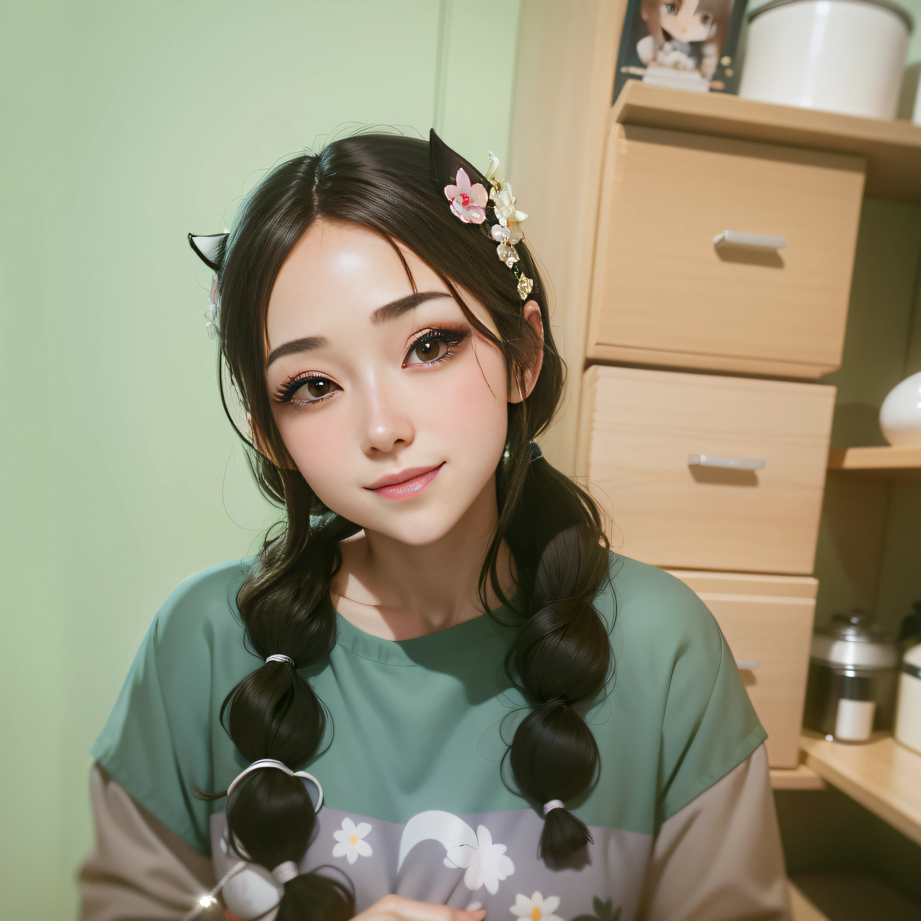 brunette color hair、style of anime、long eyelasher、Solid round eyes、Light smile、Blushing ears、ultra-realistic realism、atmosphric perspective、8K、super detailing、Precise, Best quality at best