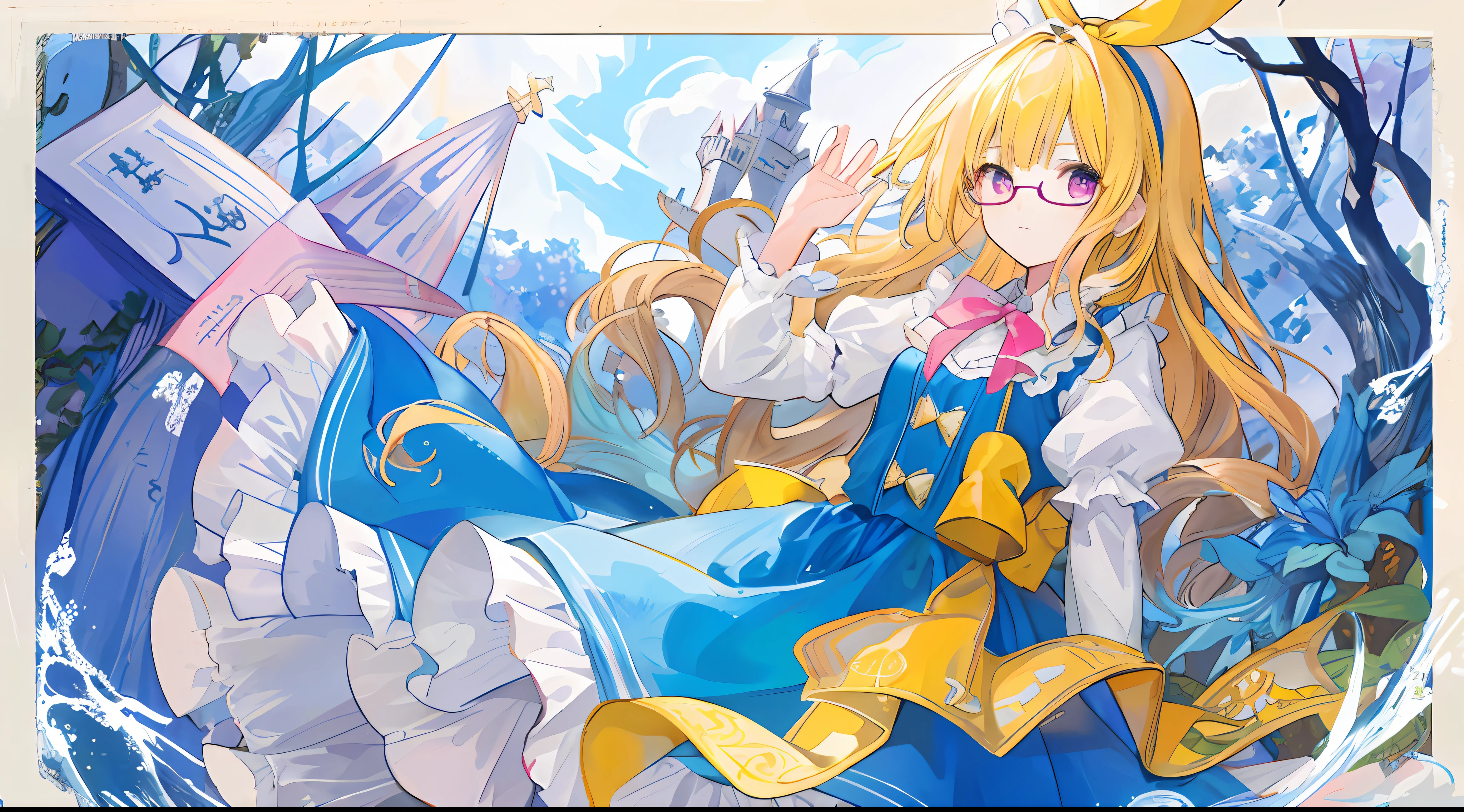 One girl、Yellow hair、alice in the wonderland、Blue ribbon on head、​masterpiece、top-quality、Top image quality、beautiful hairl、beautidful eyes、Pink eyes、cute little、Wavy hair、Alice in Wonderland Costume、Small glasses、worried face、Long、Background inside the castle、