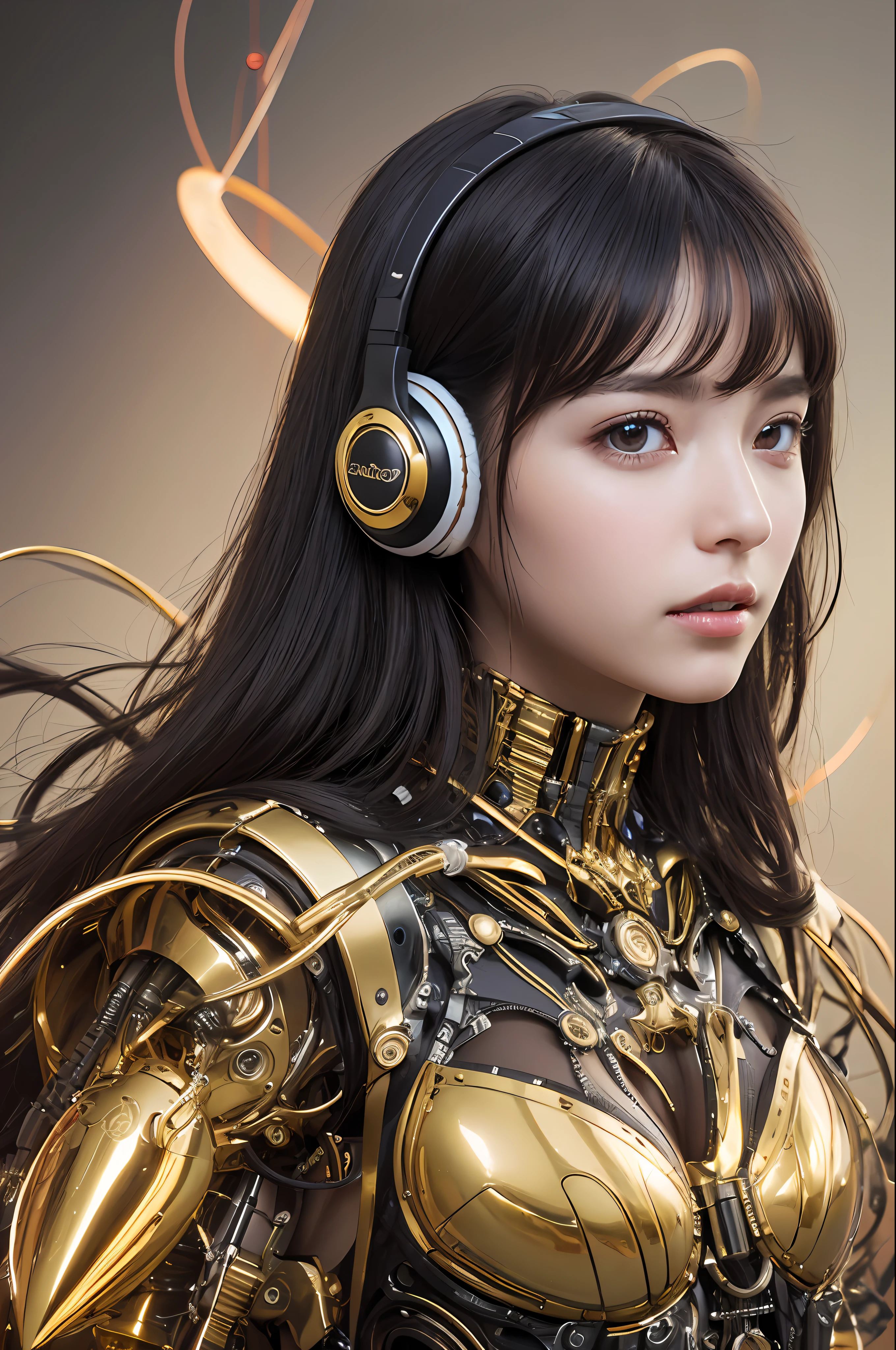 top-quality、masterpiece、超A high resolution、(Photorealsitic:1.4)、Raw photo、Black hair、glowy skin、1 Mechanical Girl、((super realistic details))、portlate、Global Illumination、Shadow、octan render、8K、ultrasharp、Colossal tits、Raw skin is exposed in cleavage、Bionic Cyborg Girl、Fiberglass body、Details of intricate ornaments of golden color、Insect details、Biological curve form、Analog Meter、gear、screw、Golden hydraulic cylinder、highly intricate detail、Realistic light、CGSoation Trends、a purple eye、radiant eyes、Facing the camera、neon details、blood vessels connected to tubes、Mechanical vertebrae attached to the back、mechanical cervical attaching to neck、sitting on、Wires and cables connecting to the head、Gorgeous headset、Glowing LED lamp、The background is a steampunk room、