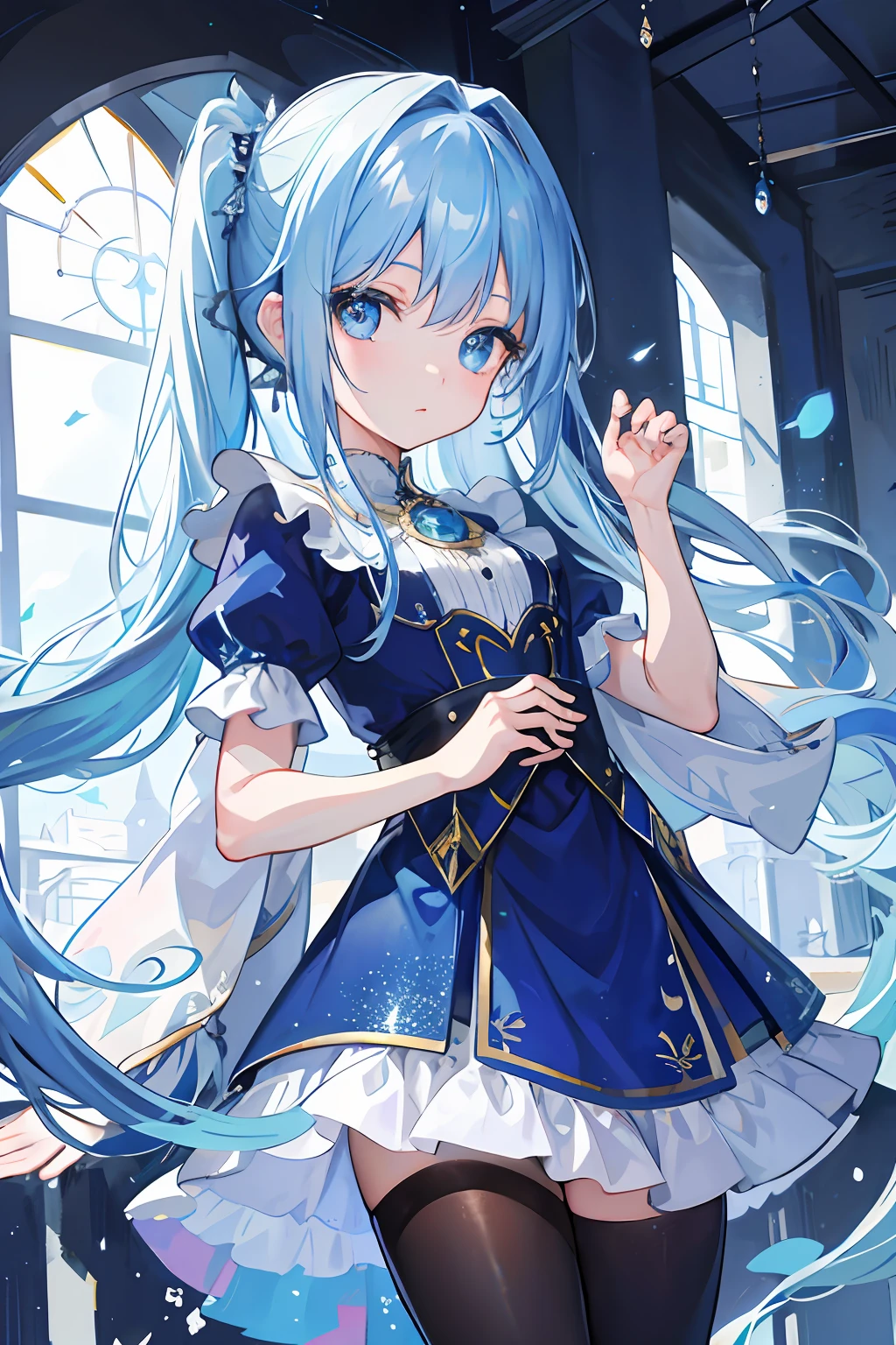 One girl、Glitter in the eyes、masterpiece、top-quality、Top image quality、cute little、self-assured、poneyTail、blue hairs、blue eyess、Castle under the sea、doress、frilld、