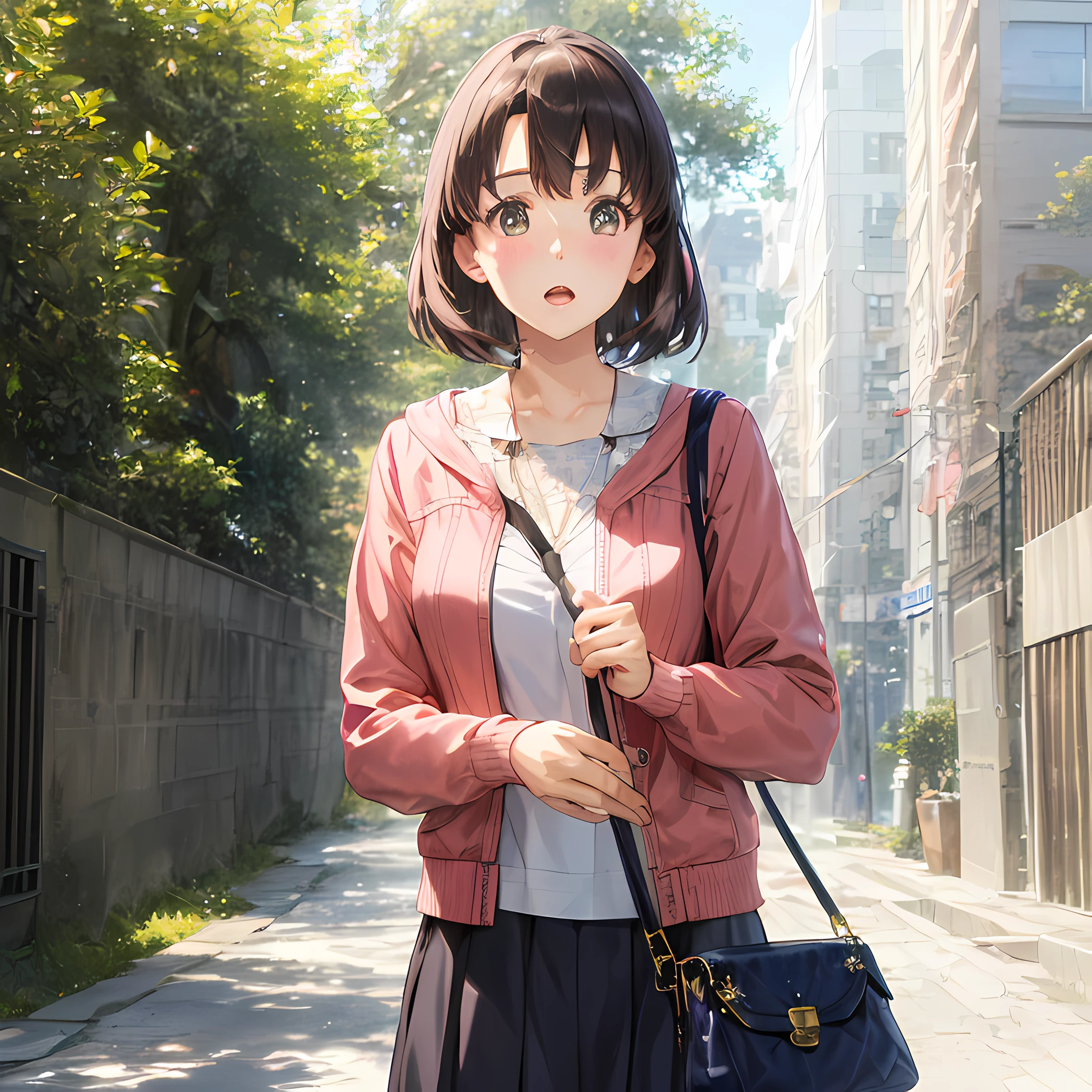 (masterpiece:1.6, best quality), (finely detailed beautiful eyes: 1.2), ph_katou, katouhdlong, katouhd, 1girl, solo, brown hair, short hair, brown eyes, bag, open mouth, handbag, bangs, shoulder bag, blush, pink jacket,