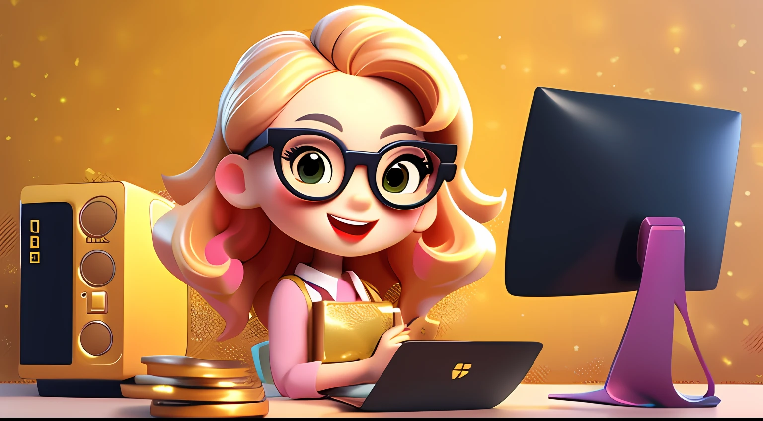 Lovely girl holding a computer in her hand, smiling mouth, wearing glasses, chic style. Pink shirt, blonde hair. Many gold coins glittered around.