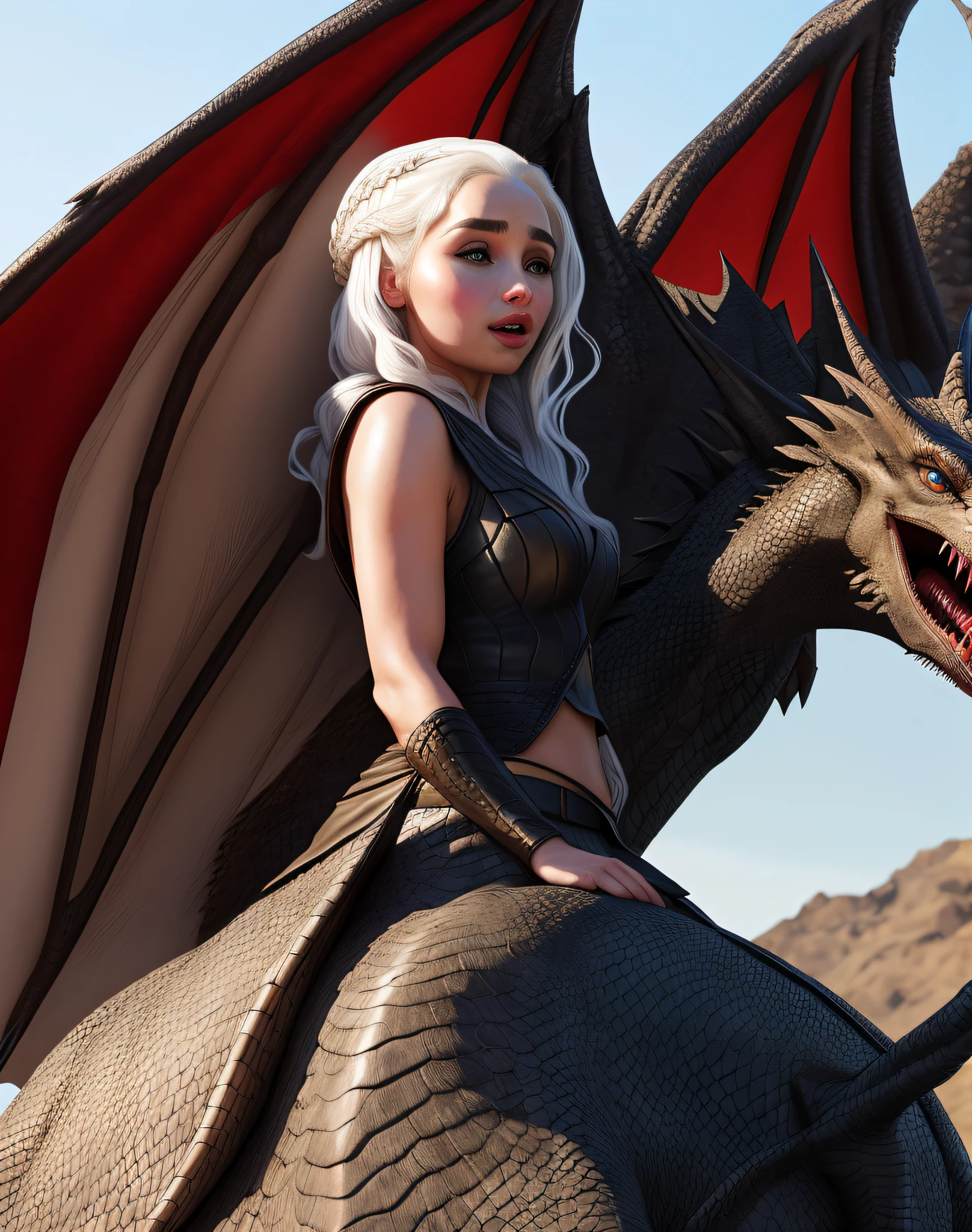 Hyper realistic Daeneris Targaryen[Emilia Clarke] on the back of a flying dark dragon[Drogon]