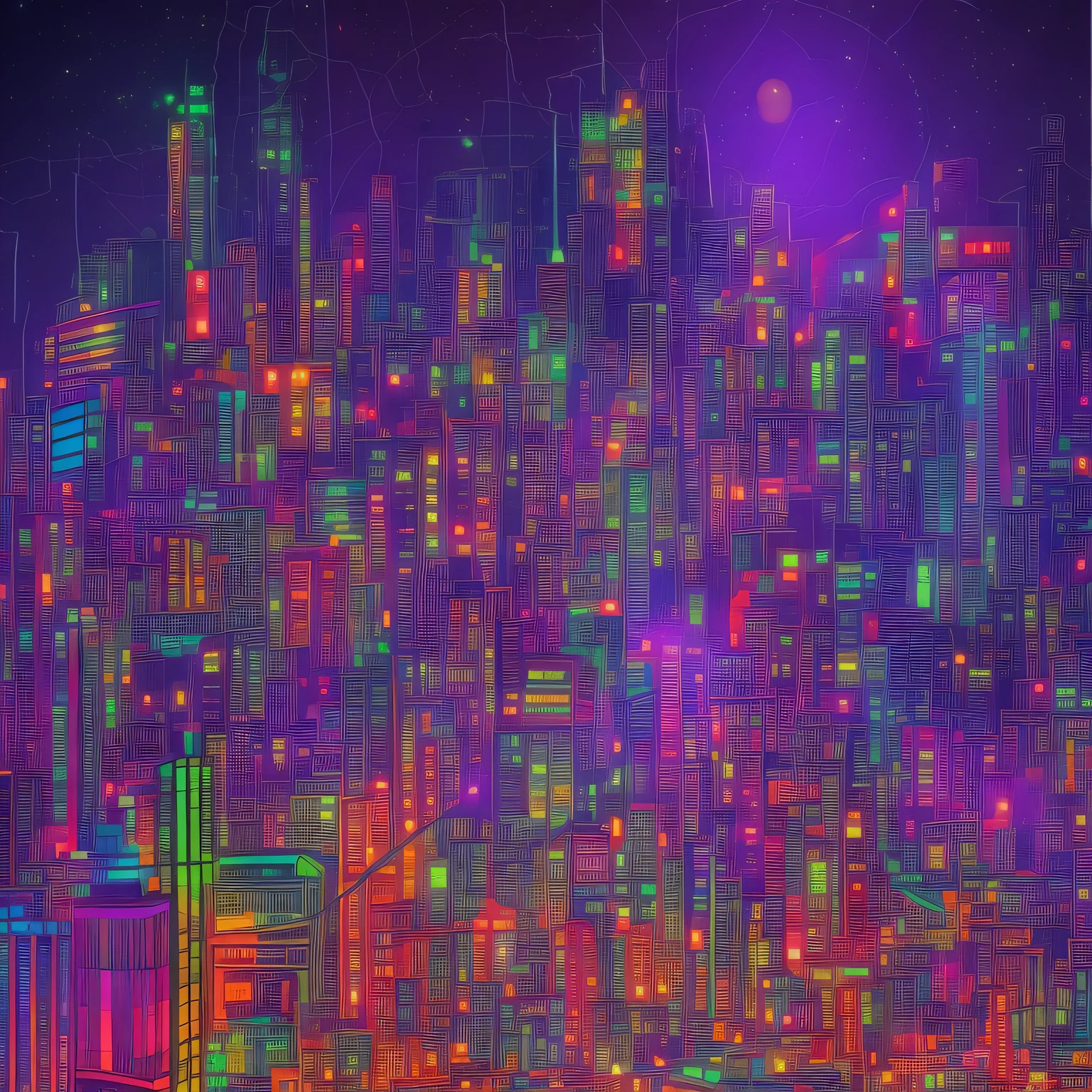 Draw a night view of a futuristic city with digital neon lights。Stick to colors and designs that express the energy and vibrancy of the city。