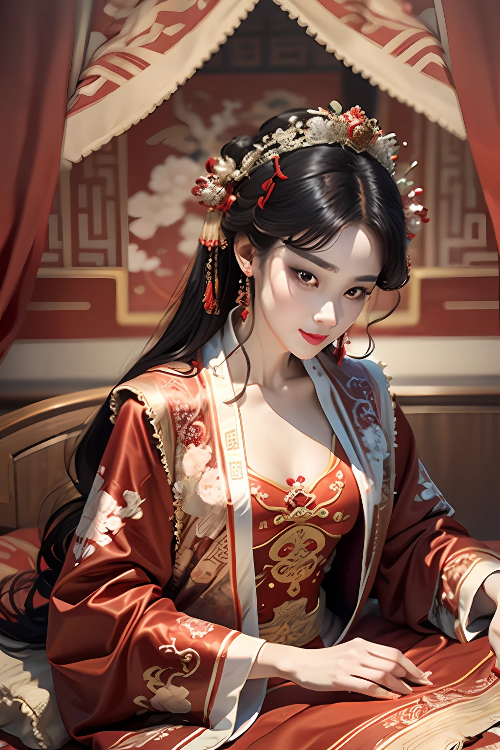 (Best quality: 1.1), (Realistic: 1.1), (Photography: 1.1), (highly details: 1.1), A man wears a red and gold dress，Woman with a crown on her head, A hair stick, (sitting on red bed), Blushing, Shy, black_Hair, crown, Looking down, (2 red candles), Chinese_clothes, Curtains, Earrings, Hair_decorations, Hanfu, interiors, jewelry, Long_Sleeves, Red dress, Redlip, nipple tassels, (Red quilt), (red palace: 1.2), (3DMM: 1.5),mix4,