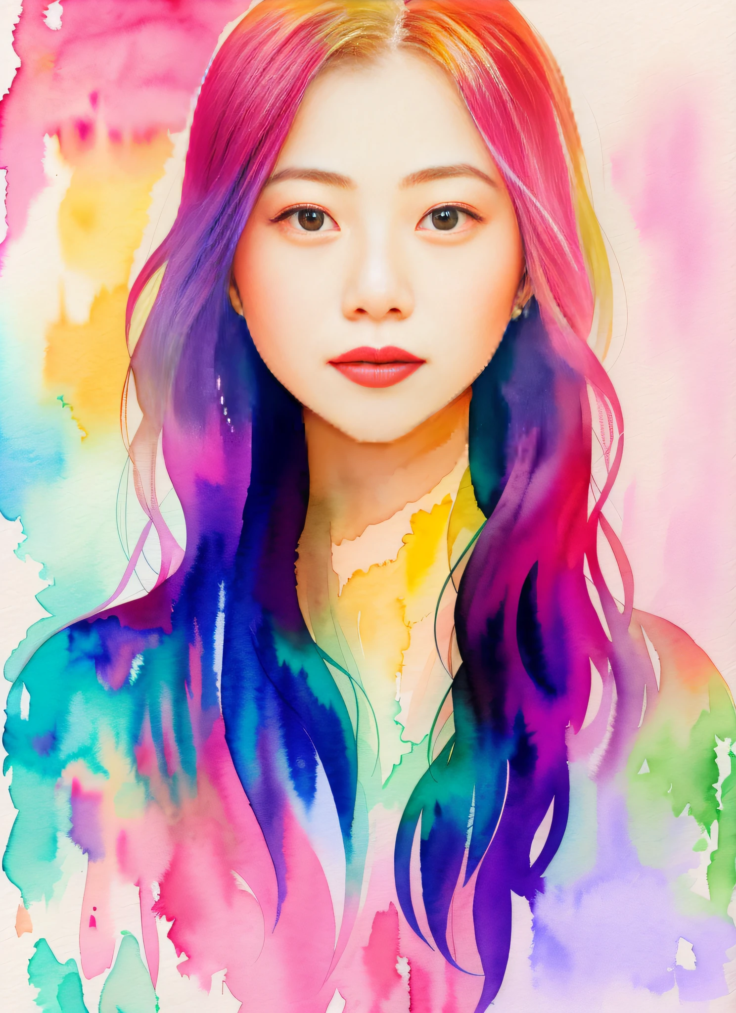 Watercolor style, portrait of a woman, luminous design, pastel colors, ink drops, autumn lights