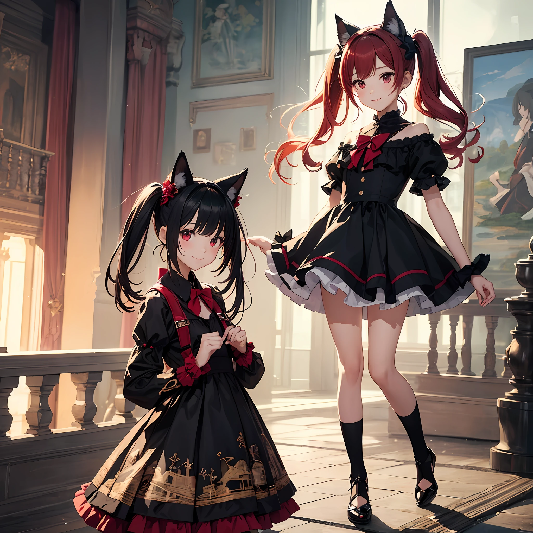 Anime filling,Two-dimensional illustration,Red hair,Half Twin Tail,shorth hair,Big eyes,A smile,a beauty girl,cute little,Super Cute,Black cat ears,Red Eyes,Ruffled Clothes,Black lace clothes,Inner colorGreen,One girl,Full body painting,A masterpiece of 2D art,(masterpiece,Top image quality:1.3),(detaile:1.2),(女の子1人) --auto