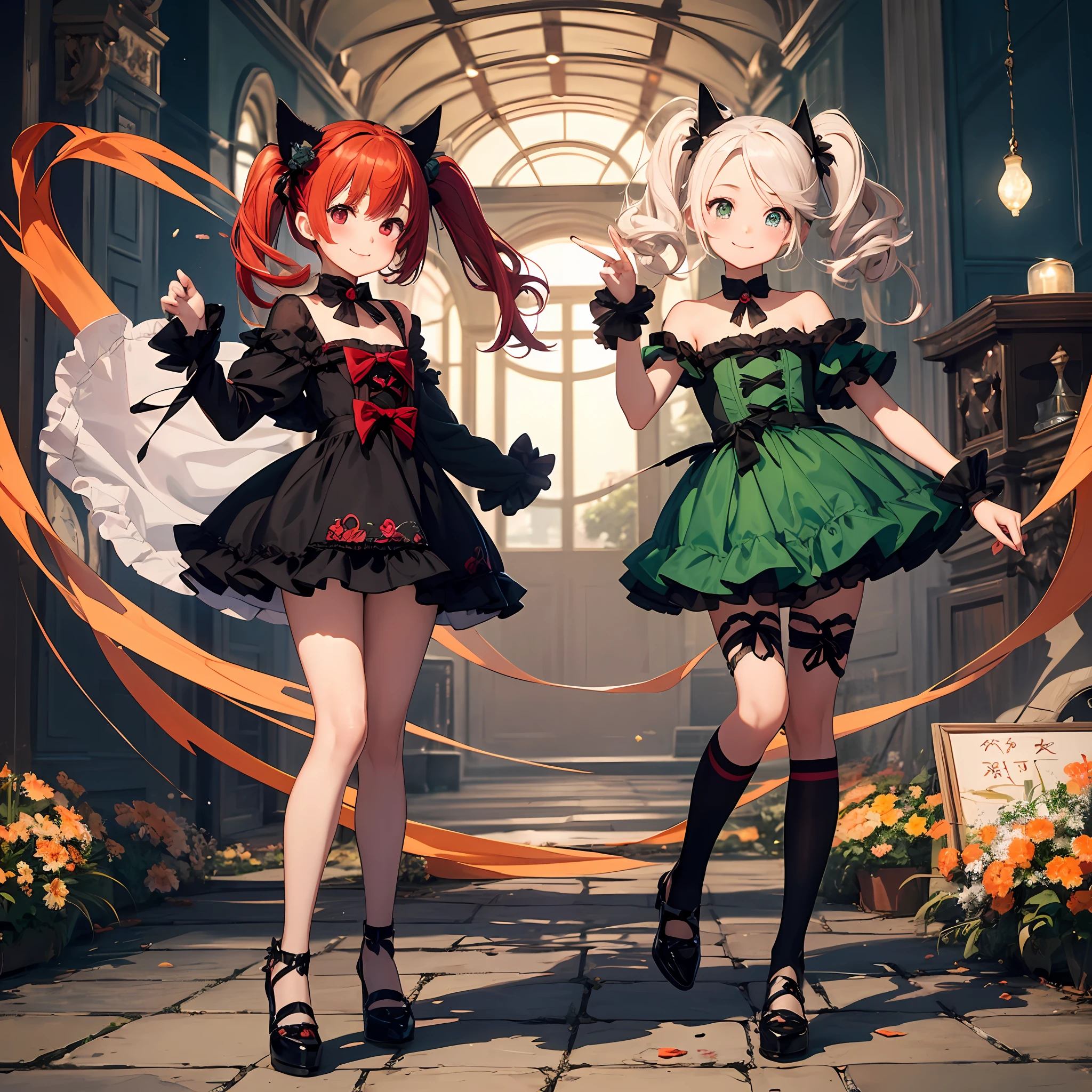 Anime filling,Two-dimensional illustration,Red hair,Half Twin Tail,shorth hair,Big eyes,A smile,a beauty girl,cute little,Super Cute,Black cat ears,Red Eyes,Ruffled Clothes,Black lace clothes,Inner colorGreen,One girl,Full body painting,A masterpiece of 2D art,(​masterpiece,Top image quality:1.3),(detaile:1.2),(女の子1人) --auto