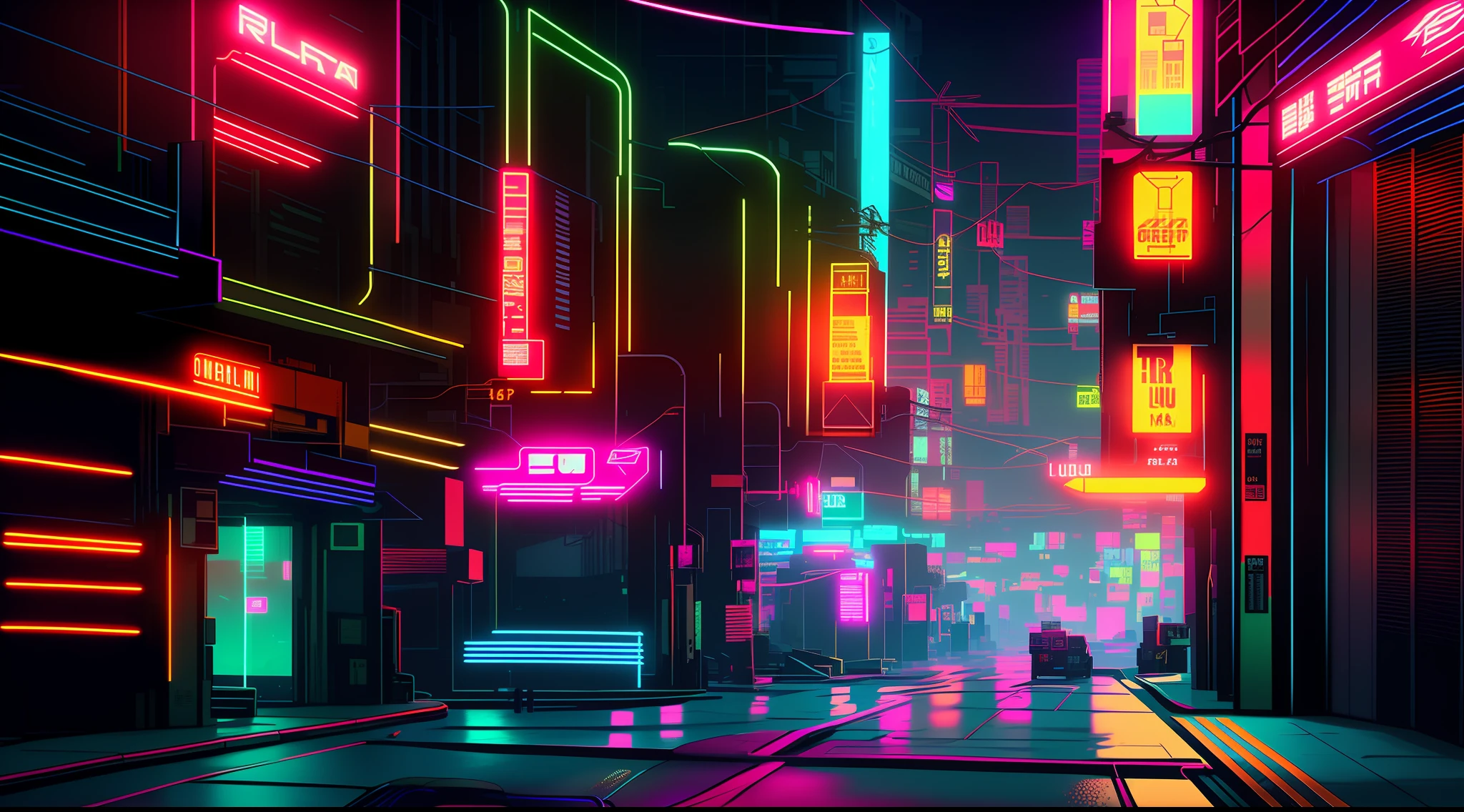 Neon City Street at night with neon signs and neon lights, Rua Cyberpunk, cores cyberpunk coloridas sonhadoras, Beco Cyberpunk, Cyberpunk Luzes Neon, Neon Cyberpunk City detalhado, neon city, neon cyberpunk, rua futurista, cyberpunk cores vibrantes, rua da cidade cyberpunk, luzes cyberpunk, cyberpunk streets at night, Sci-Fi Cyberpunk Rua da Cidade, neon cyberpunk, em cyberpunk city, neon futurista cyberpunk