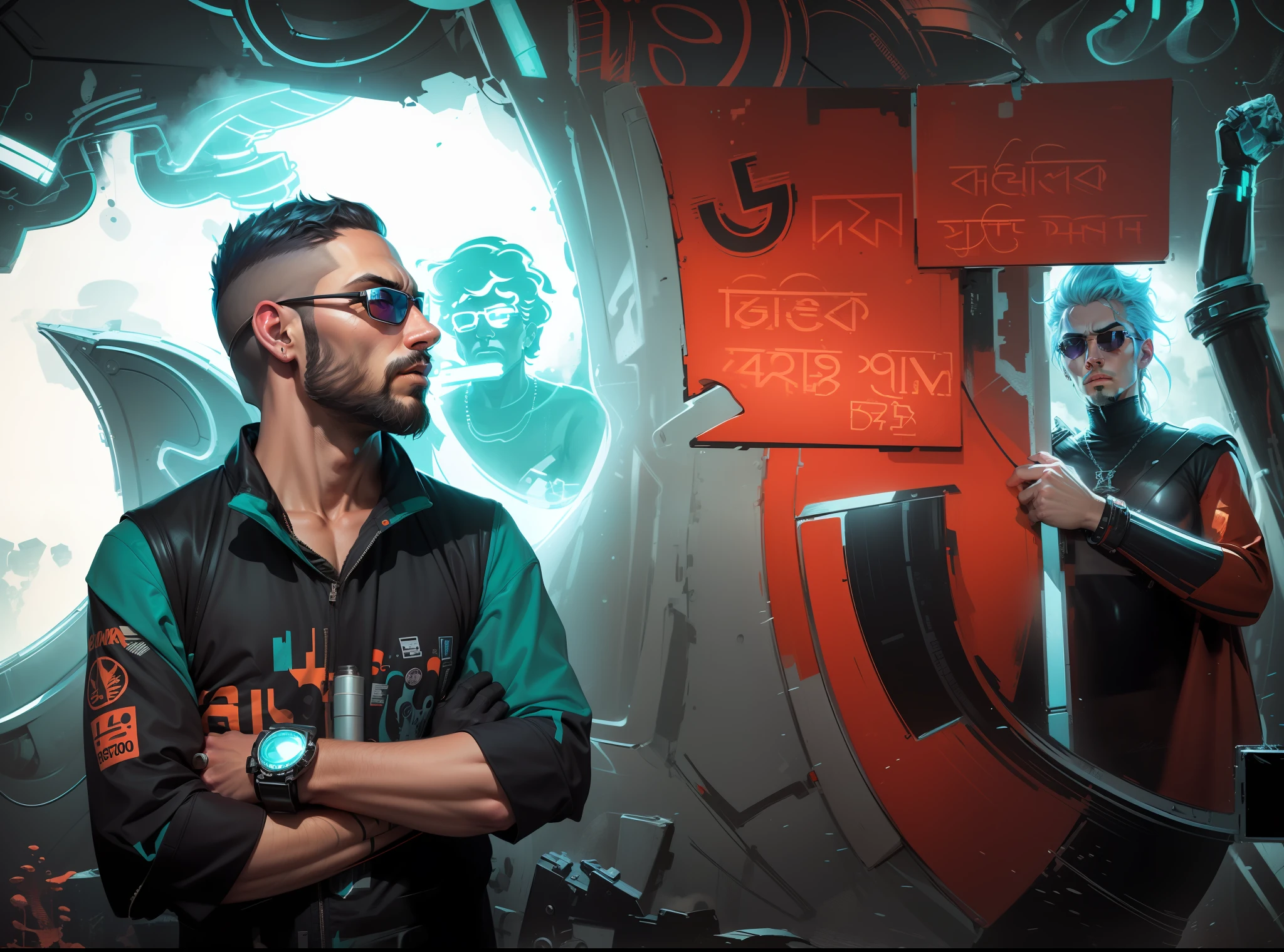 a man with a beard and sunglasses, cyberpunk art, funk art, stunning gradient colors, stylized portrait h 704, pompadour, twitch streamer, cold colors. insanely detailed, t-800, no watermark signature, in rich color, outrun