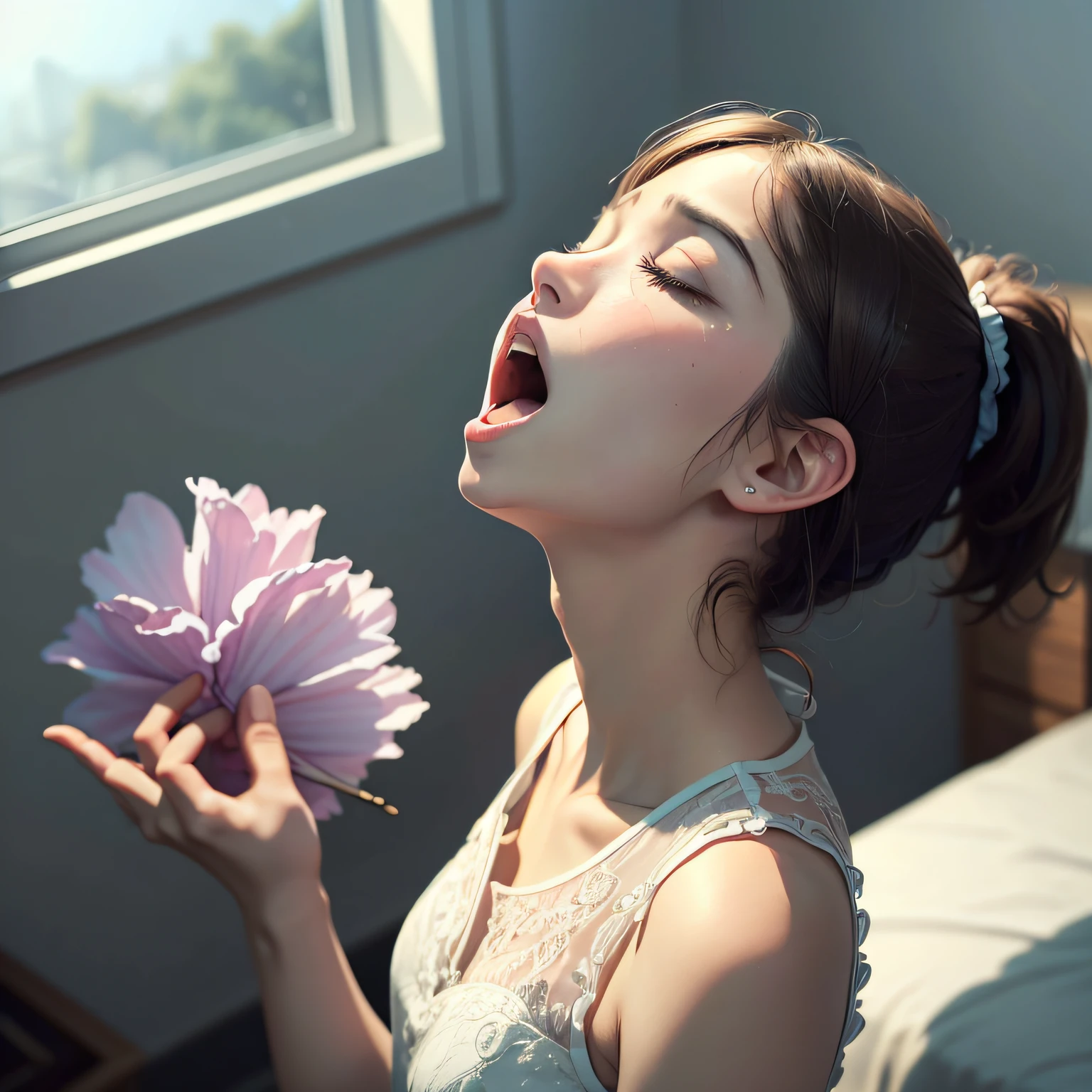 Close eyes):2.0, (Open mouth):1.5 Real numbers、8yk、Raw photo、(masuter piece)、(top-quality)、Hi-Res、（（Looking Up)）(girl with)、(realisitic、Photorealsitic:1.2), Upper body、ponytail,Sleeveless、white dress,skinny、14years、small tits、Eyes closed、Deep sadness、Sorrow、look up sky、Open mouth、screeming、Bedrooms、Background blur --auto