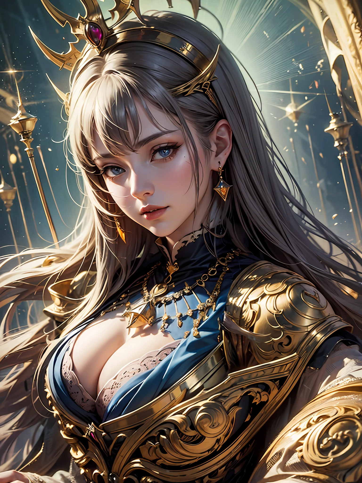 best qualtiy,tmasterpiece,the detail,Complicated details,realistic movie lighting,(Fantasyart:1.6),(seiza:1.1),(frontage:1.2),erect through,royal,A majestic,A queen,empress,(Huge and magnificent seats:1.4),tiara crown,Front close-up,stately,thrones,upright posture,serious,dignity,gaze front,contemplative,Weight substance,sceptre,jewely,独奏,a medieval castle,Velvet carpet,God Ray,1 woman