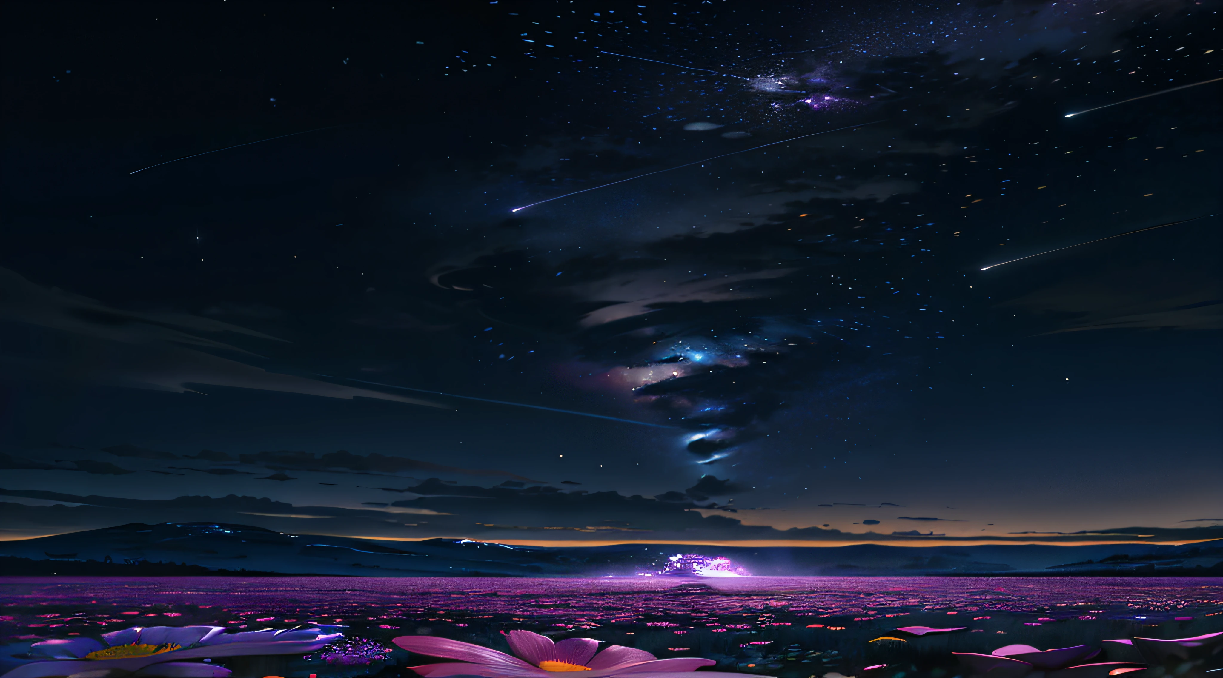Starry sky with purple flowers and shooting stars, Night sky; 8K, Starry Sky 8 K, Cosmos Sky. By Makoto Shinkai, In the universe.Highly realistic, cosmos sem fim no fundo, galaxy in background, calm evening. Digital illustration, galaxy in the sky, space sky, near a galaxy, lost in the immensity of space