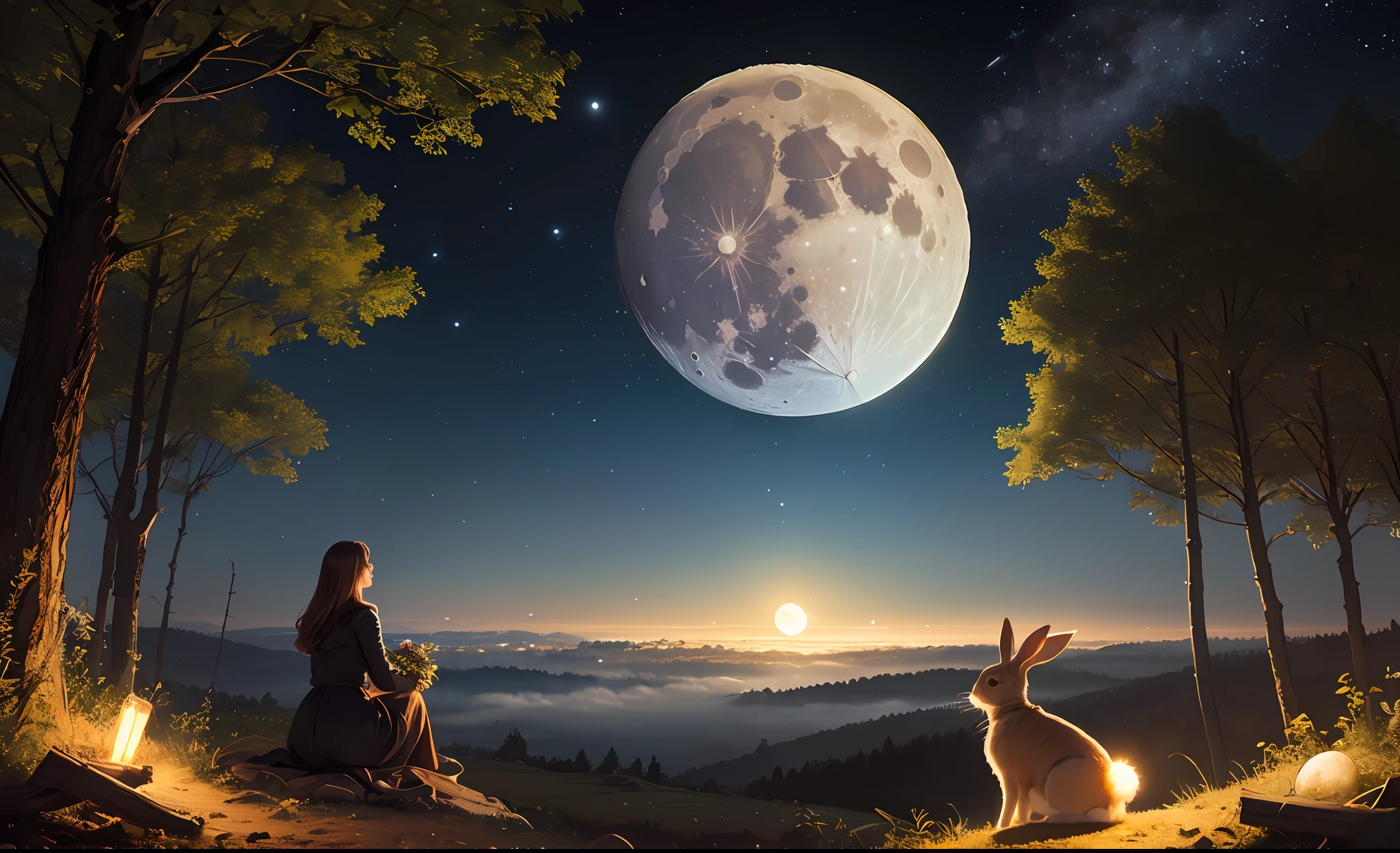 ((best quality)), ((masterpiece)), ((realistic)), ((beautiful female moon)), celestial body struck, comet impact, moon broken in half, surrounded by debris, fragmented, spring evening, rabbit observer, glimmering stars, forest mist below, on eye level, scenic, masterpiece
