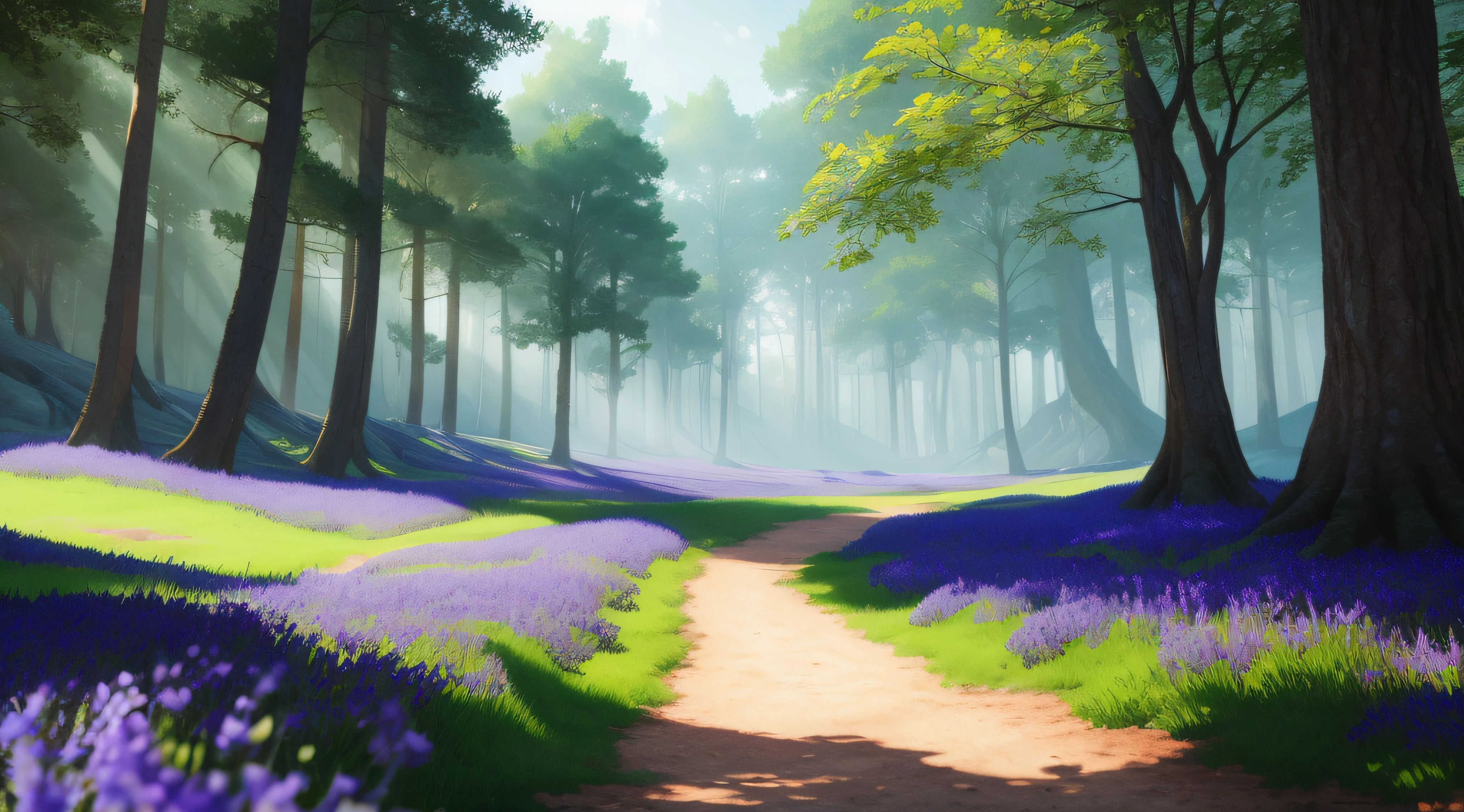 Forest of Bluebells, in Gouache Style, Watercolor, Museum Epic Impressionist Maximalist Masterpiece, Thick Brush Strokes, Impasto Gouache, thick layers of gouache watercolors textured on Canvas, 8k Resolution, Matte Painting, Epic cinematic brilliant stunning intricate meticulously detailed dramatic atmospheric maximalist, deep color, fantastical, intricate detail, splash screen, complementary colors, fantasy concept art, 8k resolution trending on Artstation Unreal Engine 5
