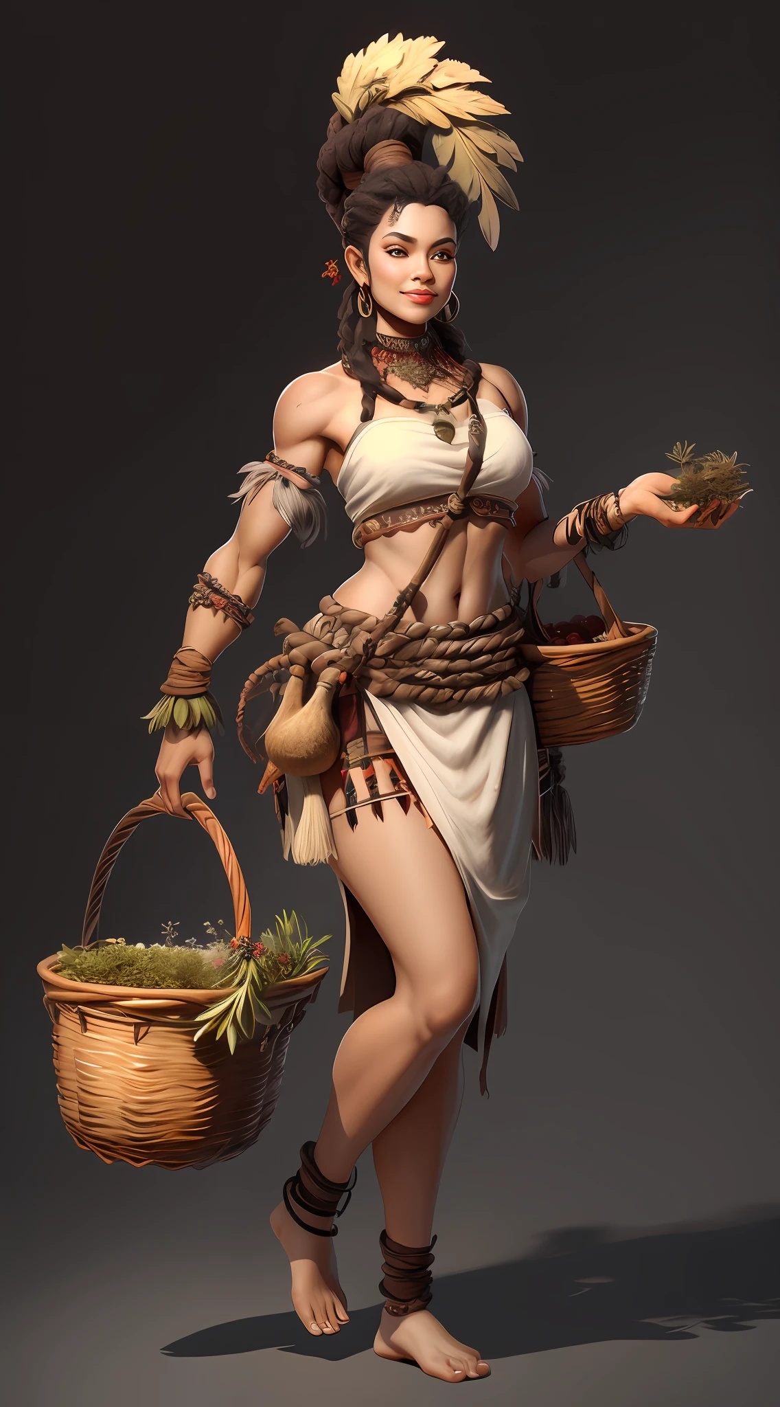 1 beautiful woman、Full body like,Carrying a basket of herbs,Primitive barbarian style,highly details eye、详细的脸,Full body standing painting,dynamicposes,white backgrounid,tmasterpiece,best qualtiy,Best resolution,8K,