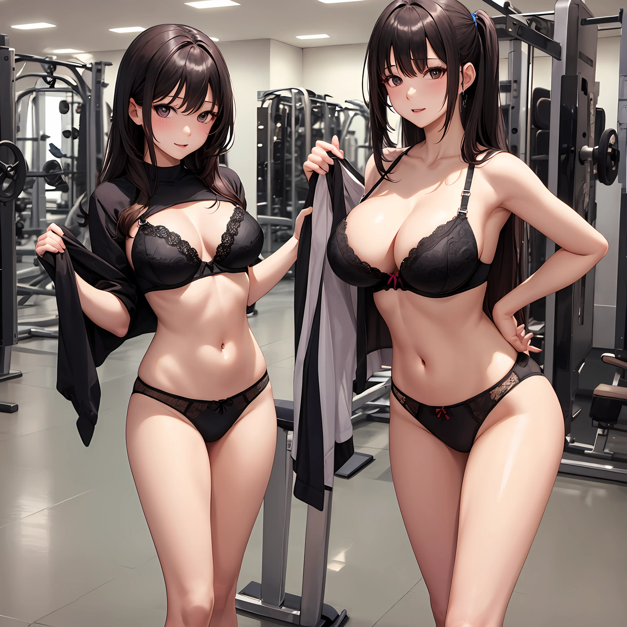 Ecchi、Changing clothes、kawaii、Woman、Colossal tits、bra very、show through、a navel、animesque、​masterpiece、high-level image quality、poneyTail、A dark-haired、18year old、dress room、gym