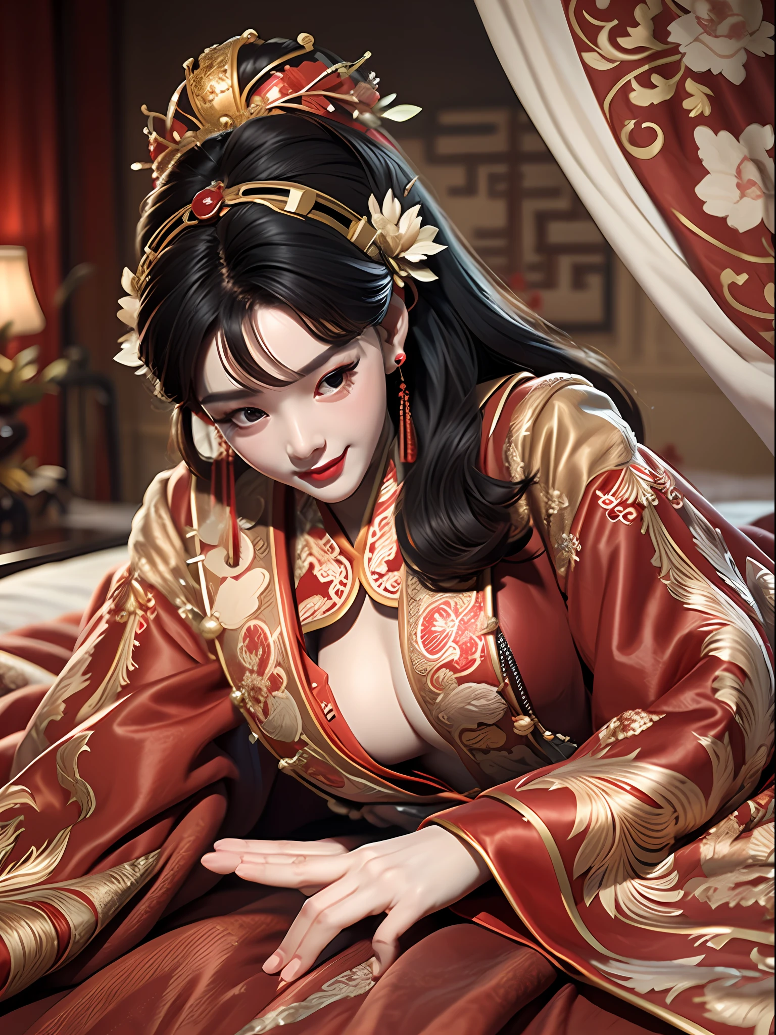 (Best quality: 1.1), (Realistic: 1.1), (Photography: 1.1), (highly details: 1.1), A man wears a red and gold dress,Woman with a crown on her head, A hair stick, (sitting on red bed), Blushing, Shy, black_Hair, crown, Looking down, (2 red candles), Chinese_clothes, Curtains, Earrings, Hair_decorations, Hanfu, interiors, jewelry, Long_Sleeves, Red dress, Redlip, nipple tassels, (Red quilt), (red palace: 1.2), (3DMM: 1.5),mix4,
