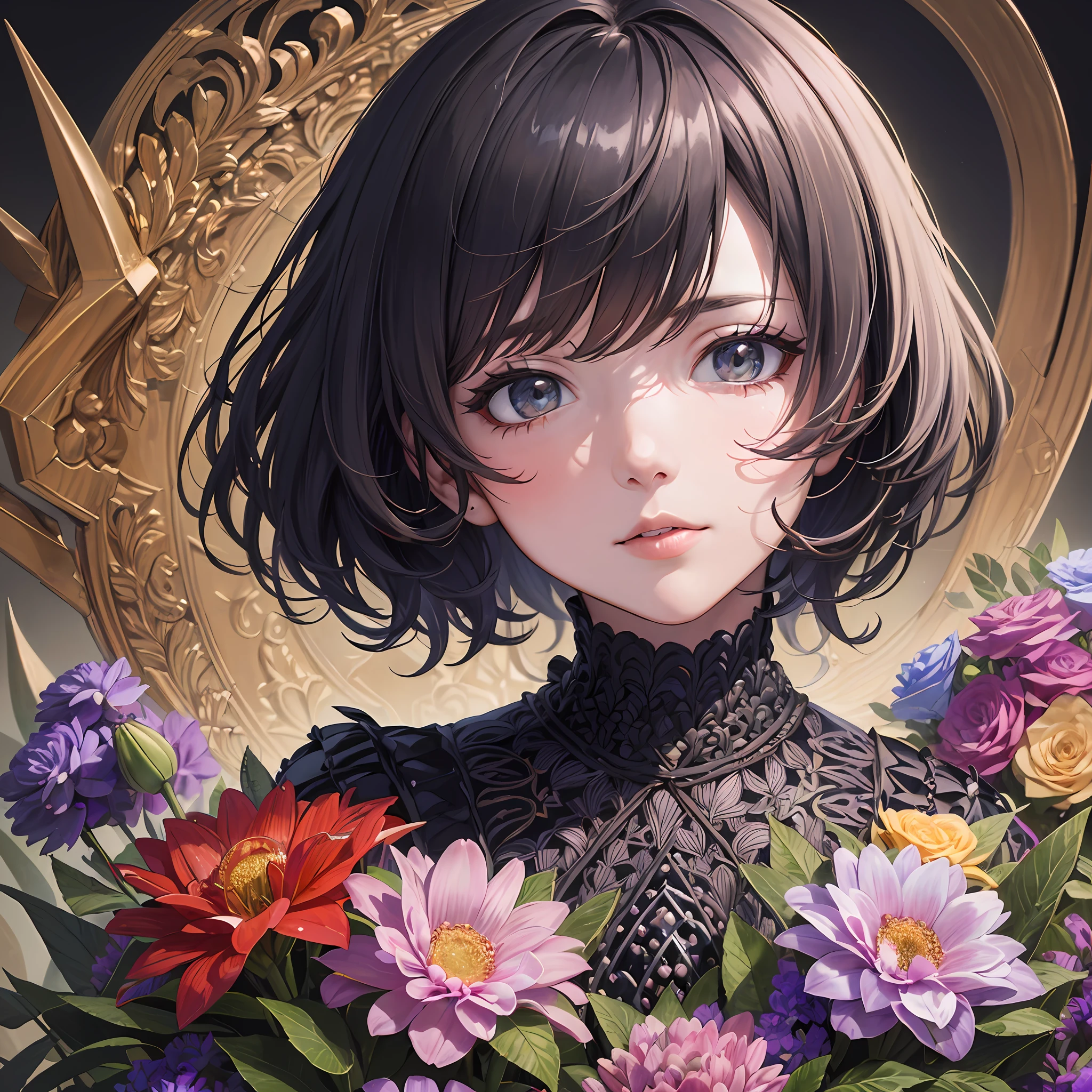 (ultra-detailed background, detailed background), absurdres, highres, ultra detailed, extremly detailed, 1girl, (bunch of flowers:1.3), (zentangle:1.2), (geometric:1.2),(colorful), --auto
