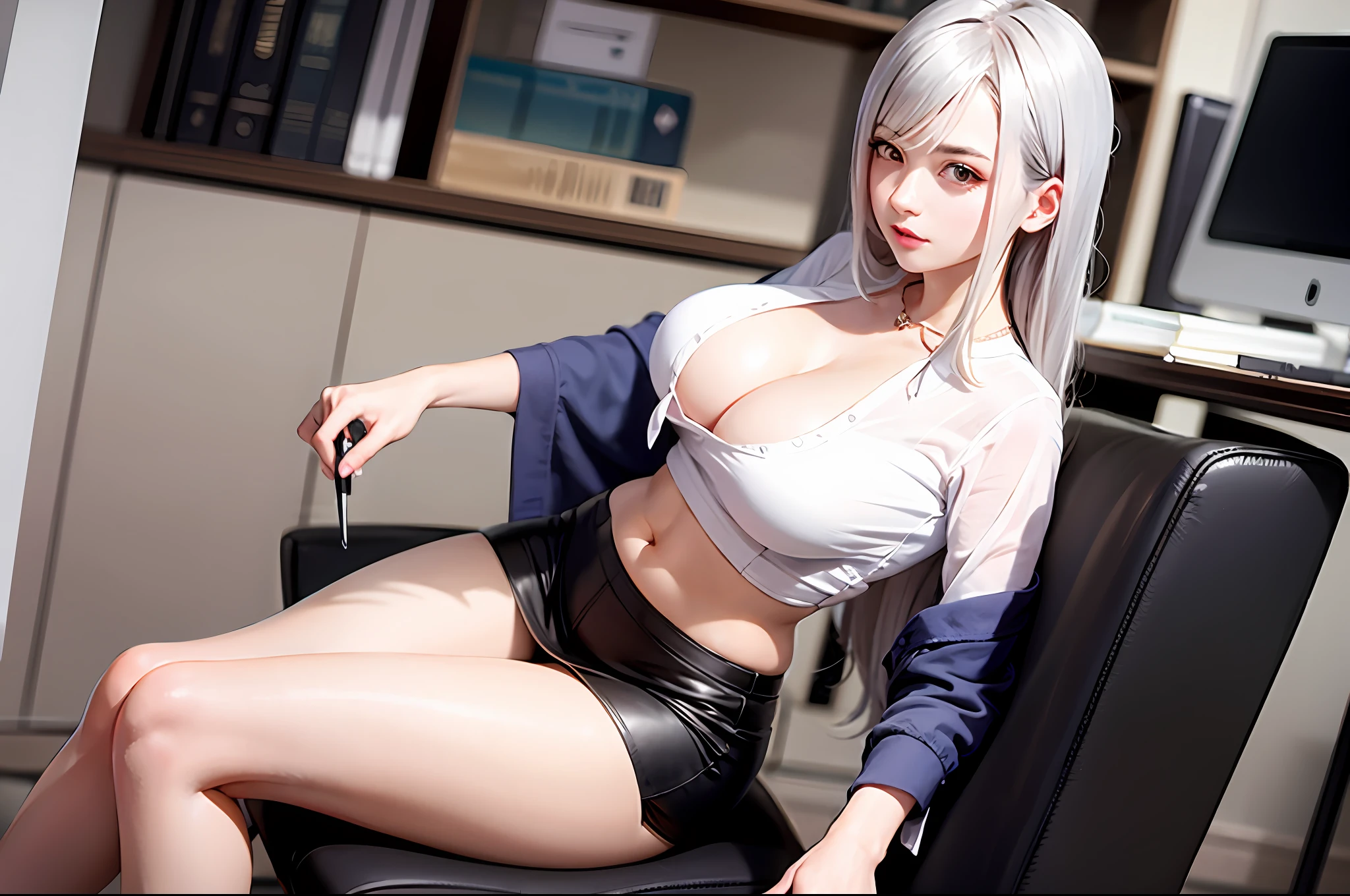 shenhe， 1girll， 独奏， （（white  shirt））， black thighhigns， nedium breasts，Re-emulsification， 校服， office backdrop， a black skirt， pleatedskirt， office room， hair between eye， hair adornments，big cleavage breasts， long whitr hair， looking at viewert， silber hair， braidedhair， silver short nails， Silver eyes， 独奏， Thighs, Thighs， upper legs， long whitr hair， （（tmasterpiece））， Sat down， a chair， Study desk， Computer on the desk， name badge， ID tags， inside in room， Be red in the face，A sexy pose，sensual breasts，Large bust，（Lively breasts），Very big chest：1.7，breasts out，The breast is exposed，Belly exposure，Slender abs：1.4，Sexy buttocks，鎖骨，The expression is shy，There are no NSFW pictures，180cm tall，Weight 55kg，Measurements：125.46.95