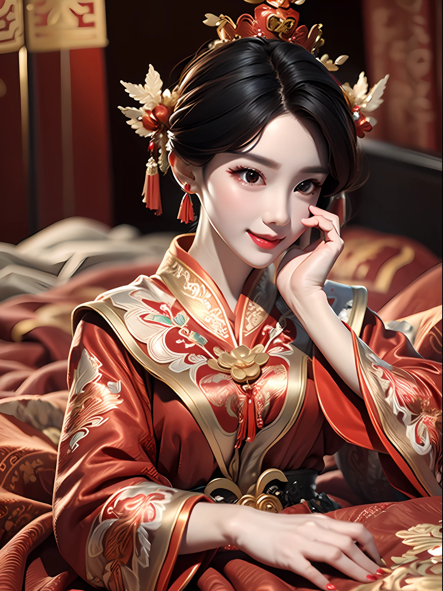 (Best quality: 1.1), (Realistic: 1.1), (Photography: 1.1), (highly details: 1.1), A man wears a red and gold dress,Woman with a crown on her head, A hair stick, (sitting on red bed), Blushing, Shy, black_Hair, crown, Looking down, (2 red candles), Chinese_clothes, Curtains, Earrings, Hair_decorations, Hanfu, interiors, jewelry, Long_Sleeves, Red dress, Redlip, nipple tassels, (Red quilt), (red palace: 1.2), (3DMM: 1.5),mix4,