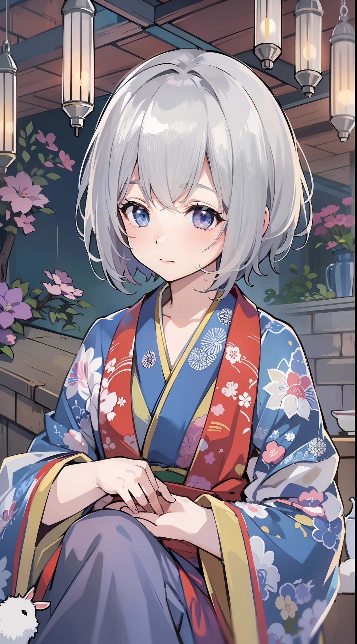Become a woman。Female with rabbit ears。Short-haired woman with silver hair。Woman in blue kimono、I am in a Japanese-style room。I sit upright。It is an anime-style illustration。Beautiful with the best image quality。