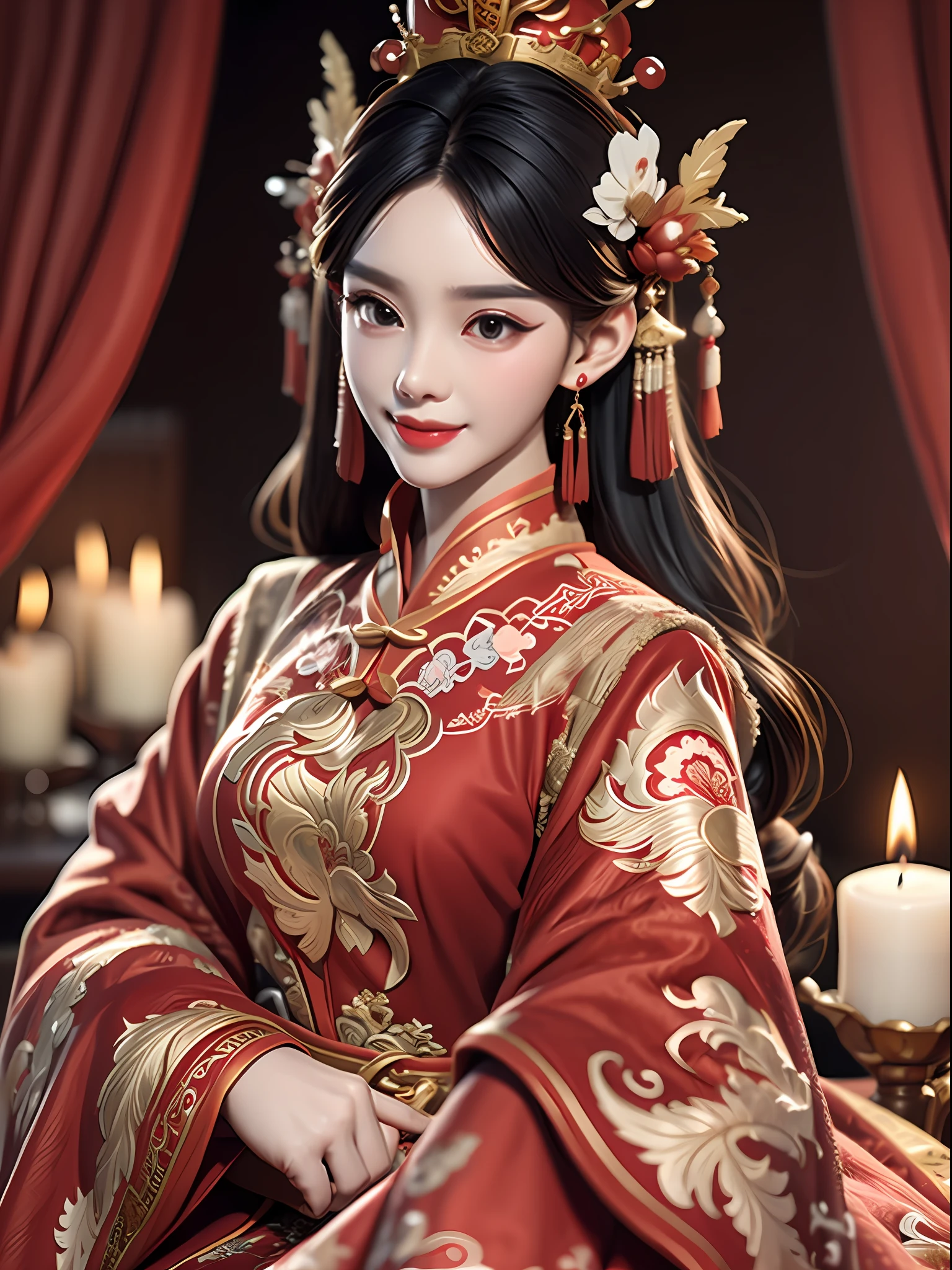 (Best quality: 1.1), (Realistic: 1.1), (Photography: 1.1), (highly details: 1.1), A man wears a red and gold dress，Woman with a crown on her head, A hair stick, (sitting on red bed), Blushing, Shy, black_Hair, crown, Looking down, (2 red candles), Chinese_clothes, Curtains, Earrings, Hair_decorations, Hanfu, interiors, jewelry, Long_Sleeves, Red dress, Redlip, nipple tassels, (Red quilt), (red palace: 1.2), (3DMM: 1.5),mix4,