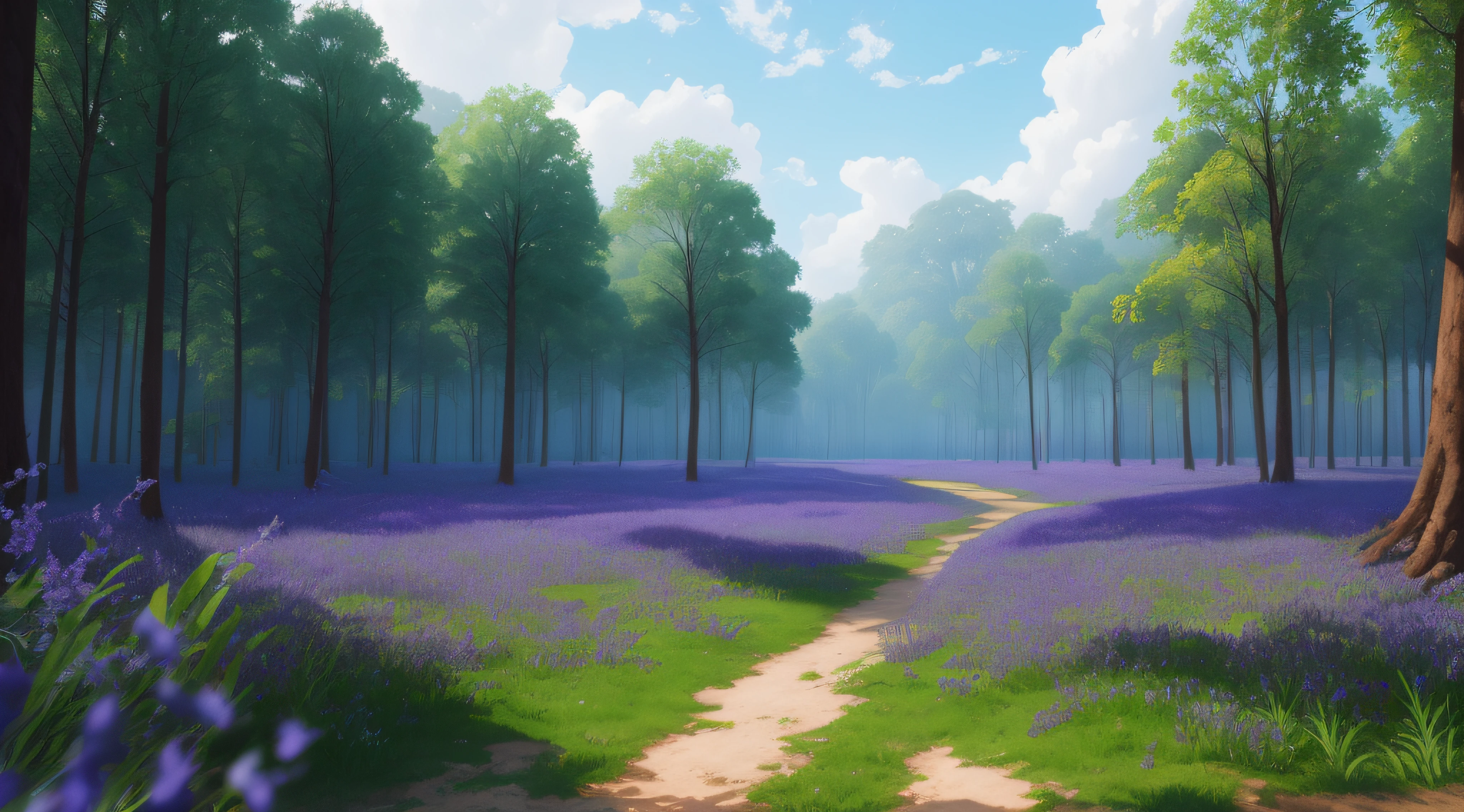 Forest of Bluebells, in Gouache Style, Watercolor, Museum Epic Impressionist Maximalist Masterpiece, Thick Brush Strokes, Impasto Gouache, thick layers of gouache watercolors textured on Canvas, 8k Resolution, Matte Painting, Epic cinematic brilliant stunning intricate meticulously detailed dramatic atmospheric maximalist, deep color, fantastical, intricate detail, splash screen, complementary colors, fantasy concept art, 8k resolution trending on Artstation Unreal Engine 5