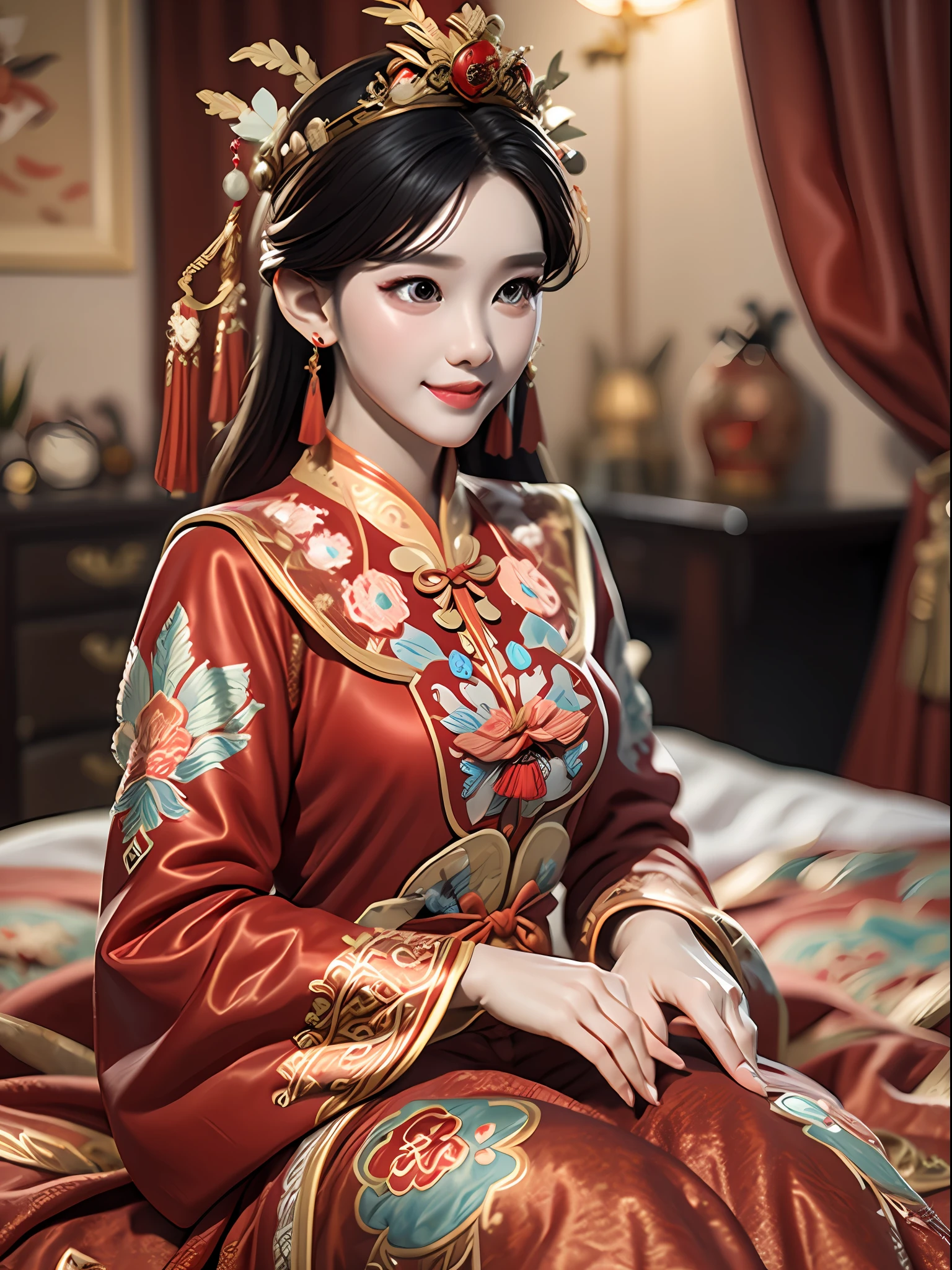 (Best quality: 1.1), (Realistic: 1.1), (Photography: 1.1), (highly details: 1.1), A man wears a red and gold dress，Woman with a crown on her head, A hair stick, (sitting on red bed), Blushing, Shy, black_Hair, crown, Looking down, (2 red candles), Chinese_clothes, Curtains, Earrings, Hair_decorations, Hanfu, interiors, jewelry, Long_Sleeves, Red dress, Redlip, nipple tassels, (Red quilt), (red palace: 1.2), (3DMM),mix4,