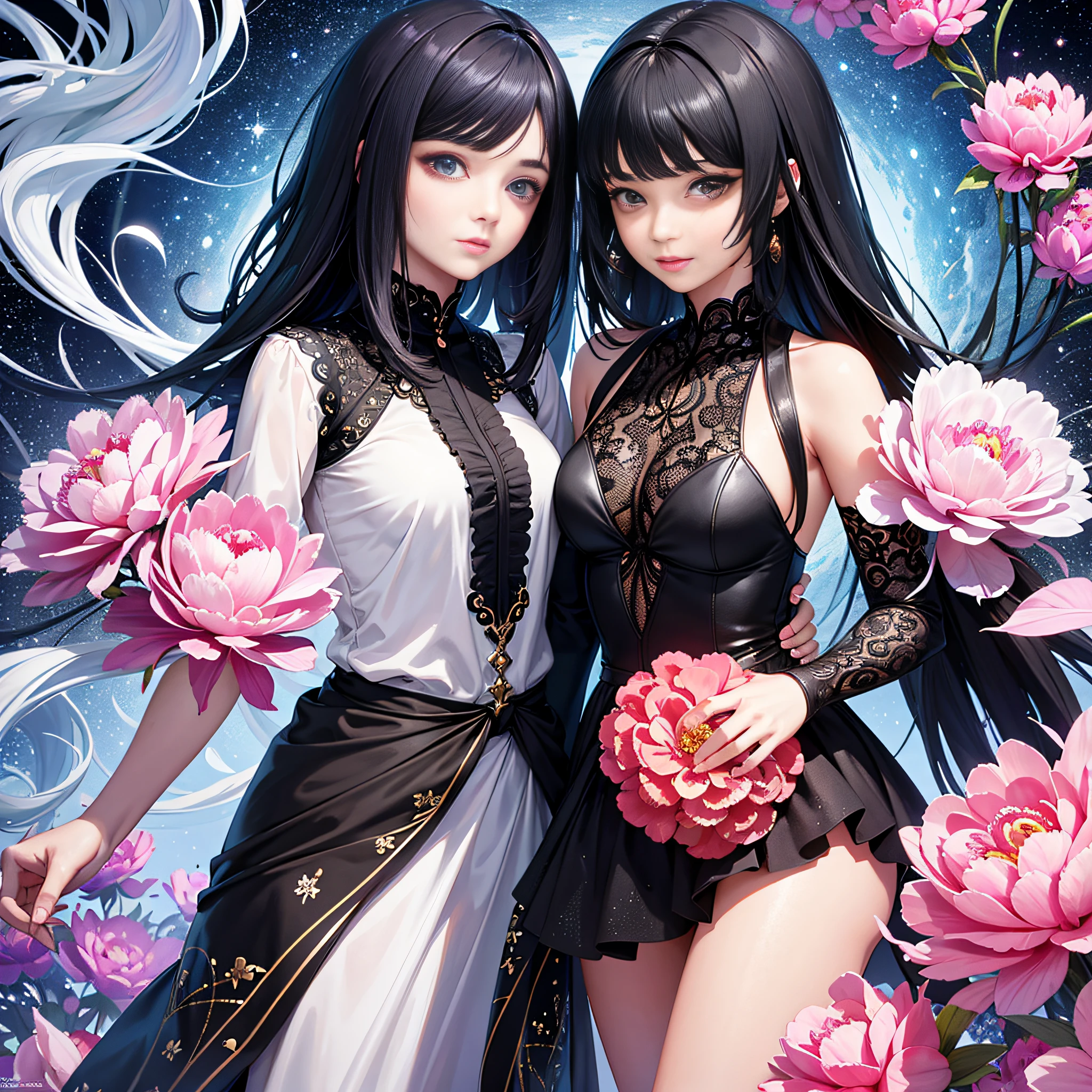 （tmasterpiece，top Quority，best qualtiy，offcial art，Beauty and aesthetics：2.0），Super beautiful girl，Extremely detailed，（s fractal art：2.0），Extremely colorful，The most detailed particle effects section 8k perfect face，Upper body, modern digital painting, super high resolution peony flowers in hair, super 3d rendering, colorful 8k resolution, super beautiful eyes, super clear details, long black hair, super clear eyes