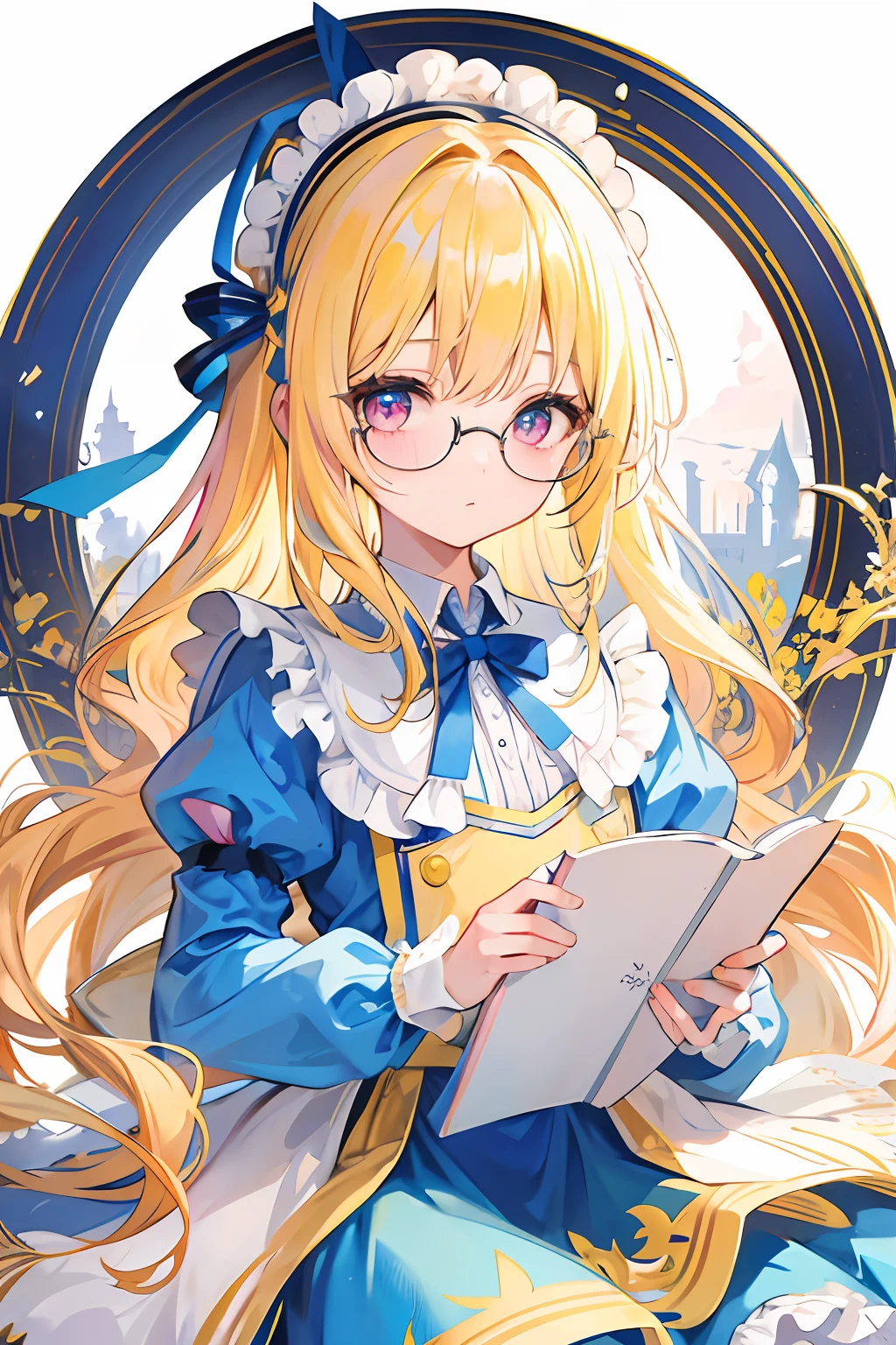 One girl、Yellow hair、alice in the wonderland、Blue ribbon on head、masterpiece、top-quality、Top image quality、beautiful hairl、beautidful eyes、Pink eyes、cute little、Wavy Hair、Alice in Wonderland Costume、Small glasses、worried face、long、Background inside the castle、