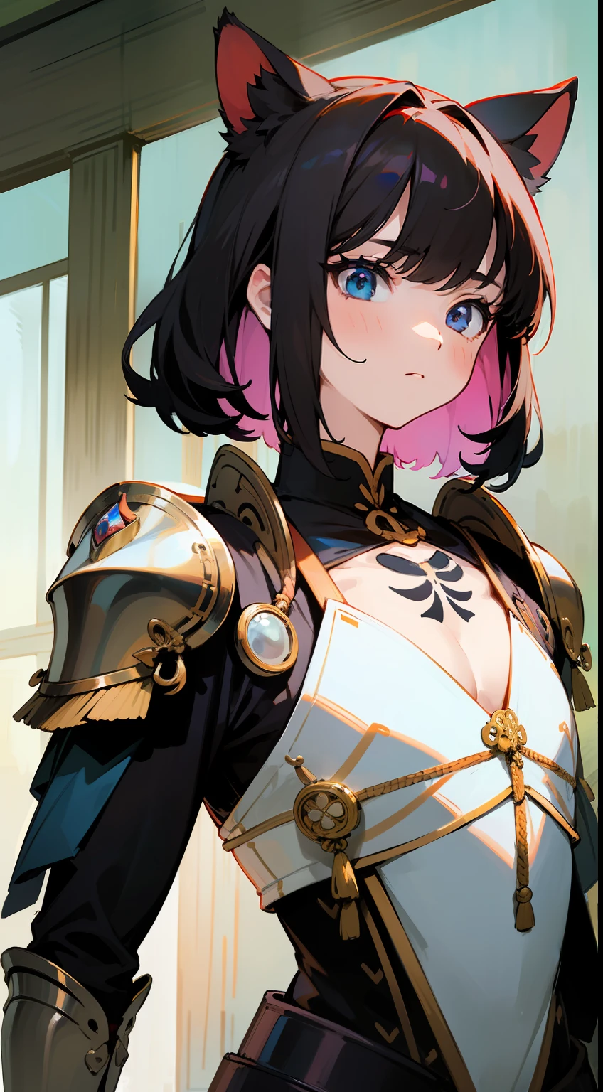 ((Master masterpiece)), ((Top image quality)), illustratio, The girls1Guys, Hair color, Bangs, Hairstyle Fax,Cat's ears、 slender、constricted hips、((Smaller chest))、A dark-haired、Magnificent Japan General's Armor、((Smaller chest))、A dark-haired、Magnificently decorated Japan armor、Wearing a helmet、You will see a group of skeleton soldiers in Japan armor.