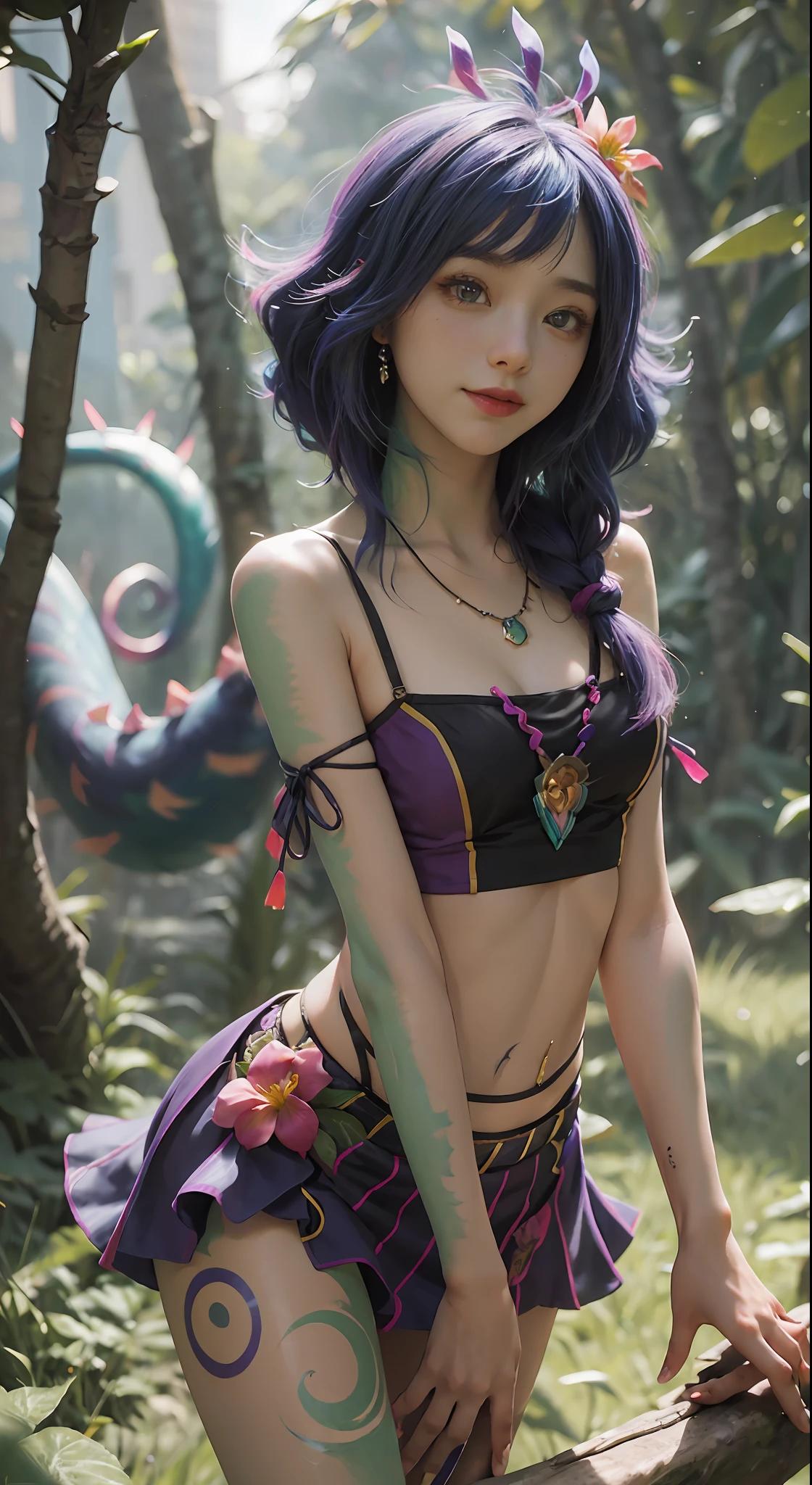 best illustration, illustration, bright colors, masterpiece, best quality, ridiculous, night, jungle, blurred background, 1 girl, beautiful face, blue and purple hair, detailed eyes, looking at the audience, opposite, sexy, crawling on grass, front, full body, neeko, face markers, hair accessory, flower hair, necklace, lizard tail, multicolored skin, body painting, short skirt, opal color, smile, side light, movie lighting, nvidia rendering