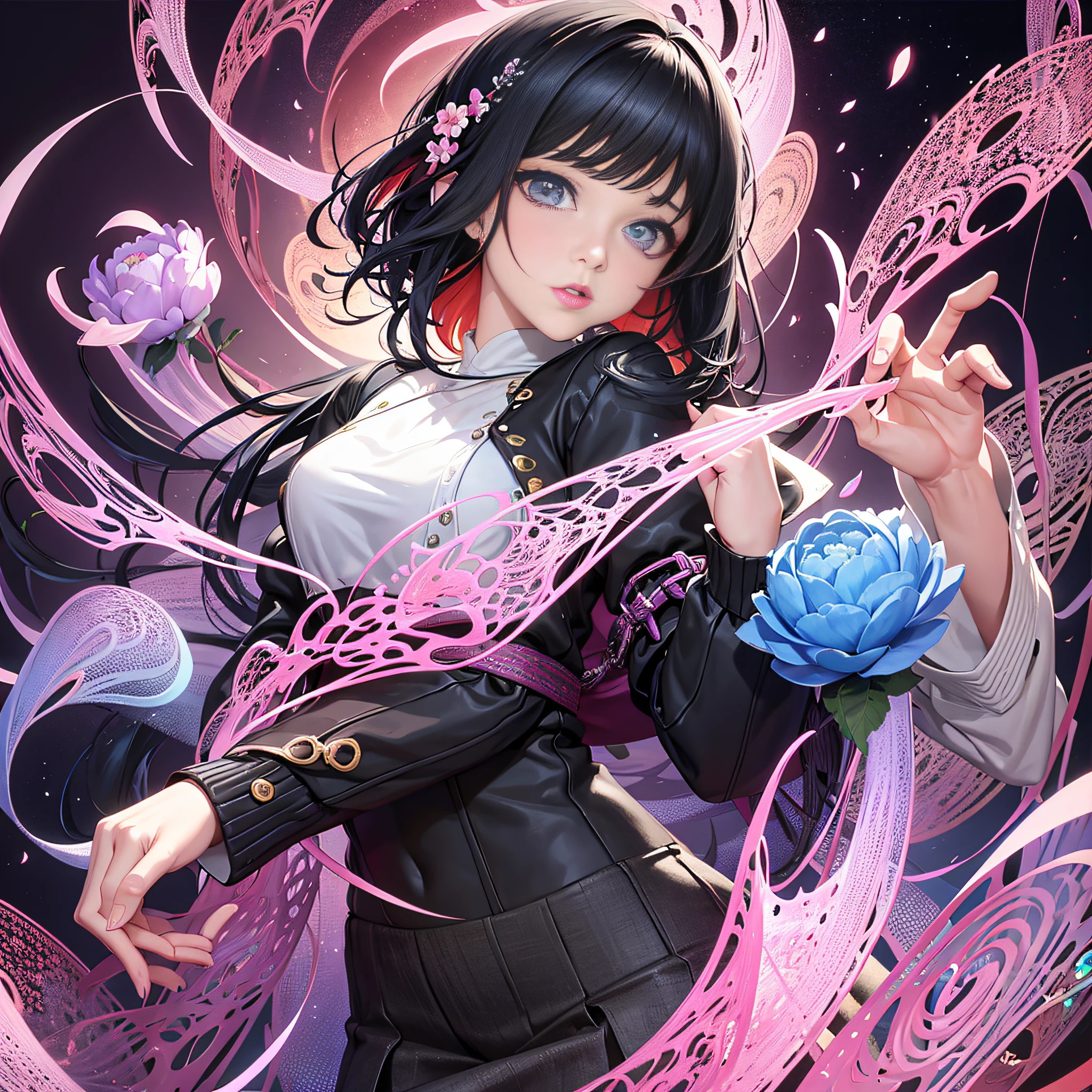 （tmasterpiece，top Quority，best qualtiy，offcial art，Beauty and aesthetics：2.0），Super beautiful girl，Extremely detailed，（s fractal art：2.0），Extremely colorful，The most detailed particle effects section 8k perfect face，Upper body, modern digital painting, super high resolution peony flowers in hair, super 3d rendering, colorful 8k resolution, super beautiful eyes, super clear details, long black hair, super clear eyes