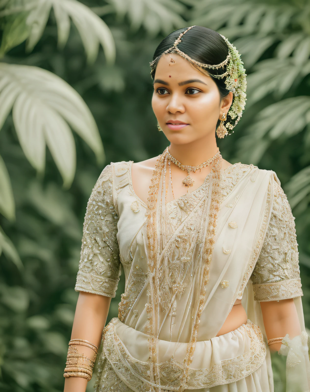 fashion photography portrait of indian girl with black hair, in lush jungle with flowers, 3d render, cgi, symetrical, octane render, 35mm, bokeh, 9:16, (intricate details:1.12), hdr, (intricate details, hyperdetailed:1.15), (natural skin texture, hyperrealism, soft light, sharp:1.2), detailed, sunlight passing through foliage, blue saree, 8k details, masterpiece, best quality, award winning photo, photorealistic, highly detailed, raw photo, realistic natural skin textures, rim light, hyperrealistic, low contrast, sharp focus, soothing tones, intricate, low key, masterpiece, best quality, award winning photo, photorealistic, highly detailed, raw photo, realistic natural skin textures, rim light, hyperrealistic, low contrast, sharp focus, soothing tones, 8k details, intricate, low key