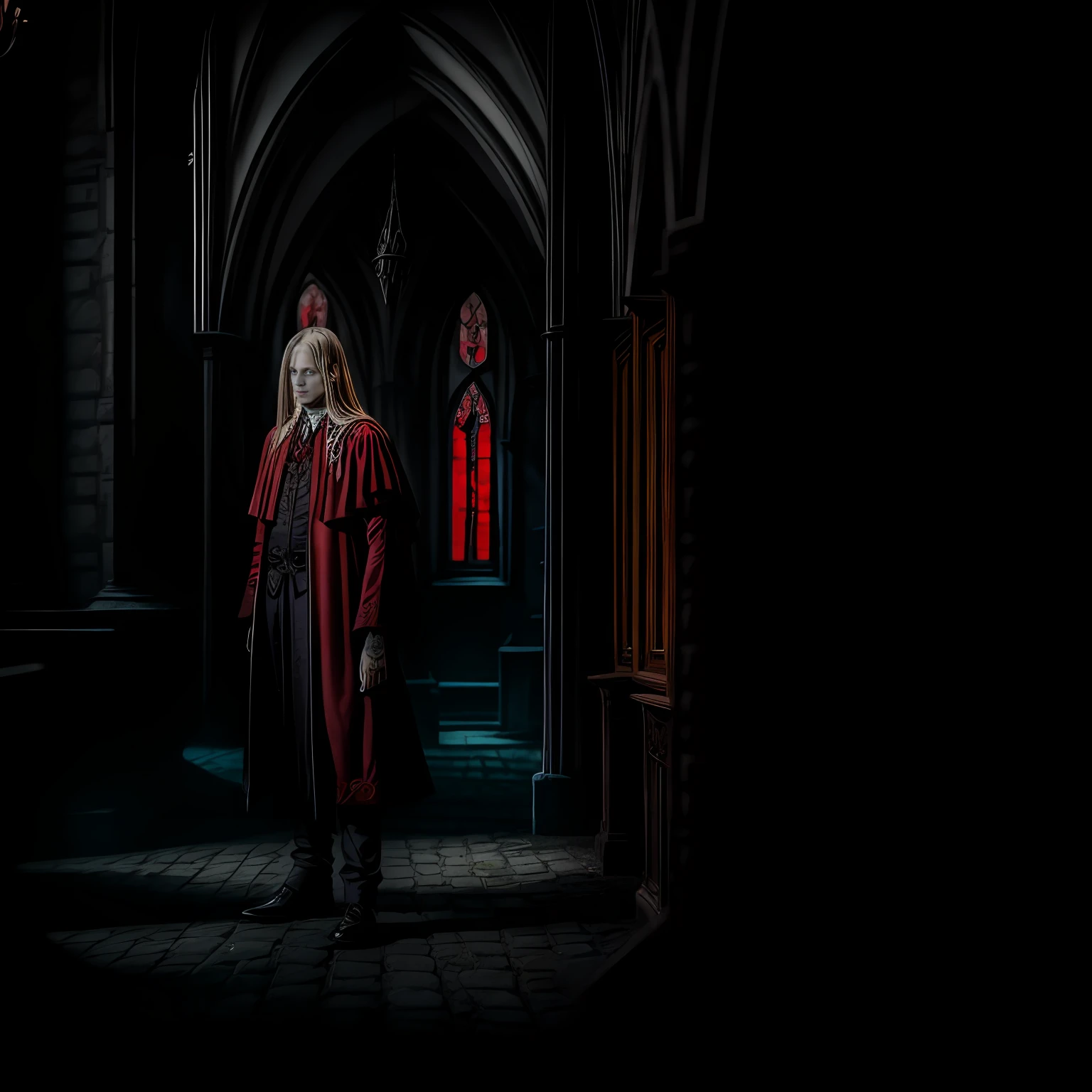 Per Yngve Ohlin dressed as a vampire in Transylvania with Gothic architecture and clothes with red details