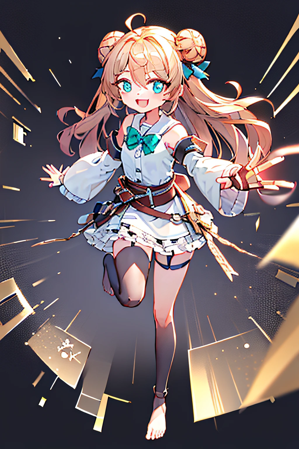 masterpiece, best quality, 1girl, solo, smile, expressive eyes, perfect face, neuro-sama, solo, looking at viewer, portrait, ((light brown hair, long hair, half-up bun, sidelocks, heart shaped hair, red hair bowtie, ahoge, blue eyes)), two side up, long side hair, red red hair ribbon, white toga, 1girl, young, female, ((young girl, flat chested, teen, ???, child, teenager)), ((goddess, code eyes, lines of code, binary, zeros, ones, runes on body, toga, white toga, menacing look, serious, smile, open arms, full body, bare feet, light blue glowing trims, green collar ribbon, glowing rune tattoos, rune tattoos, symbols on body)), open arms, floating, long hair behind, (short, young girl, short body), (front facing, forward facing), hands to side, formal, revealing outfit, (((toga, gauntlets, shoulder less, wide sleeves, long dress, cuffs, garter belt, chains, sash, belt, detached sleeves, frilly, open dress, revealing clothes, fingerless gloves, gamer, thigh highs, asymmetrical socks)))