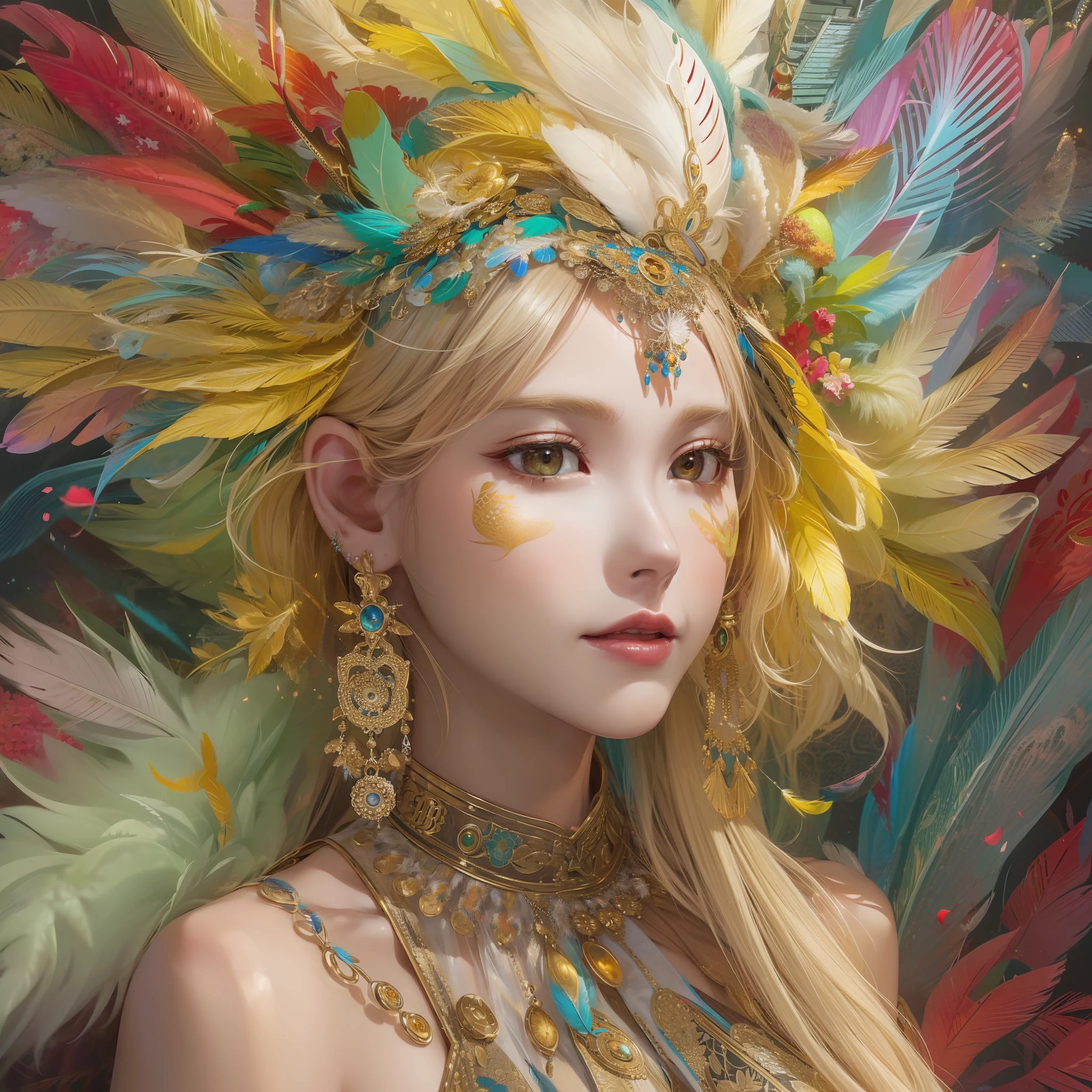 Best quality at best,超高分辨率,(真实感:1.4),1girl,tmasterpiece,exteriors,full bodyesbian,one-girl,little breast,cropped shoulders,golden hair,Colorful feathers,Metal jewelry,colored flowers,Particle,llight rays,(masterpiece, top quality, best quality, official art, beautiful and aesthetic:1.2), (1girl:1.3), extremely detailed,(fractal art:1.1),(colorful:1.1)(flowers:1.3),highest detailed,(zentangle:1.2), (dynamic pose), (abstract background:1.3), (shiny skin), (many colors:1.4), ,(earrings:1.4), (feathers:1.4)