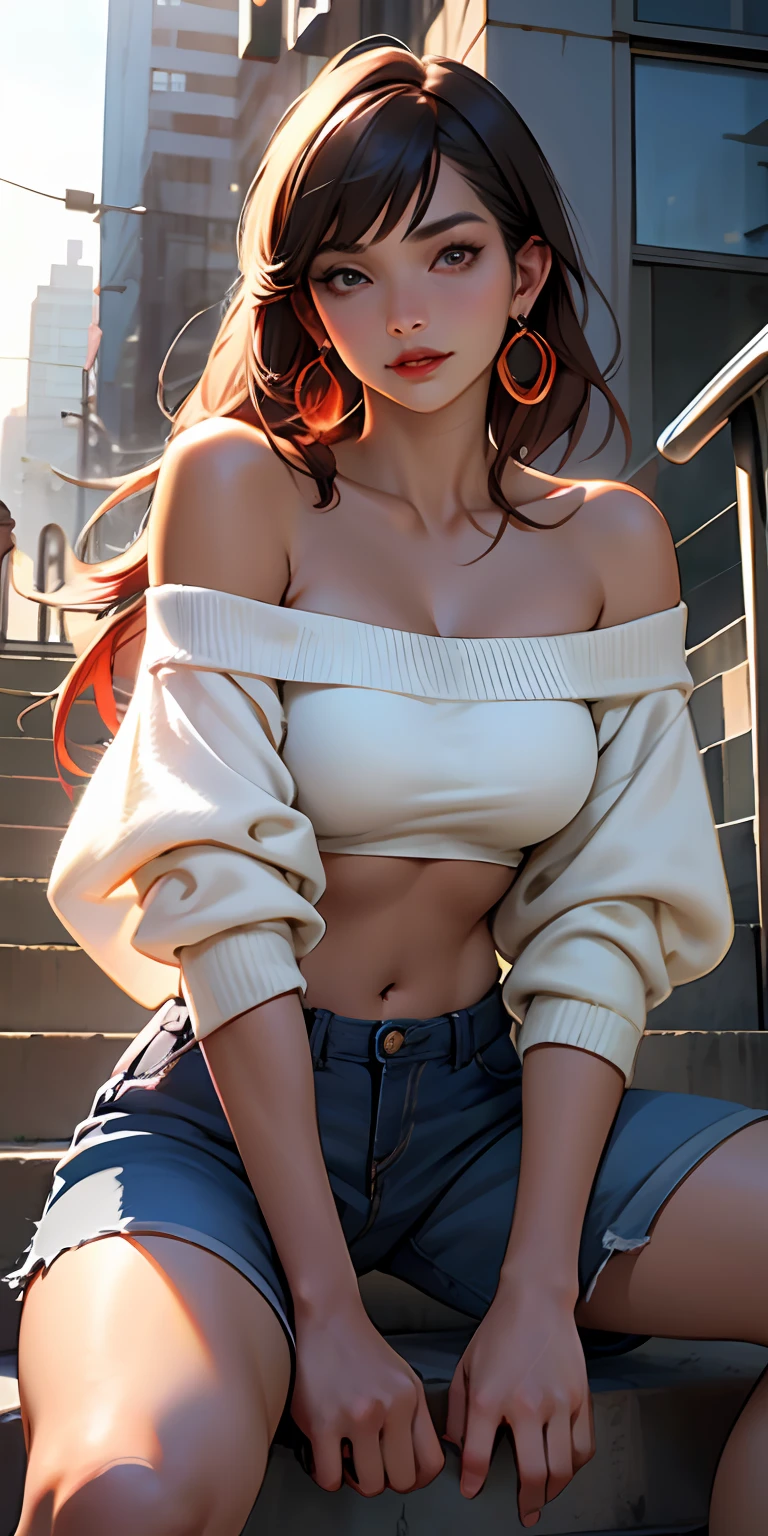 masterpiece、Top image quality、1人の女性、Beautiful woman sitting on the stairs、Legs wide open、Hands between the legs、off-the-shoulder sweater, (shortpants:1.2)、The navel is visible、Detailed facial expressions、Detailed eye、Detailed nose、((Detailed red lips))、(((爆乳)))、Female proportions considered everywhere、Skyscraper District、Sunset between buildings、Large circular earrings、beauty legs