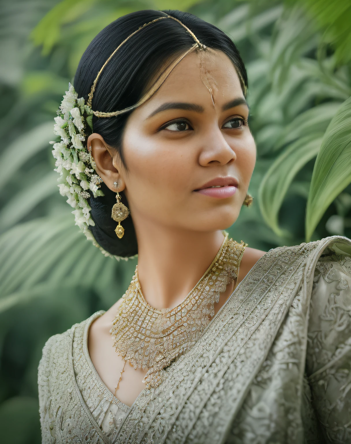 fashion photography portrait of indian girl with black hair, in lush jungle with flowers, 3d render, cgi, symetrical, octane render, 35mm, bokeh, 9:16, (intricate details:1.12), hdr, (intricate details, hyperdetailed:1.15), (natural skin texture, hyperrealism, soft light, sharp:1.2), detailed, sunlight passing through foliage, blue saree, 8k details, masterpiece, best quality, award winning photo, photorealistic, highly detailed, raw photo, realistic natural skin textures, rim light, hyperrealistic, low contrast, sharp focus, soothing tones, intricate, low key, masterpiece, best quality, award winning photo, photorealistic, highly detailed, raw photo, realistic natural skin textures, rim light, hyperrealistic, low contrast, sharp focus, soothing tones, 8k details, intricate, low key