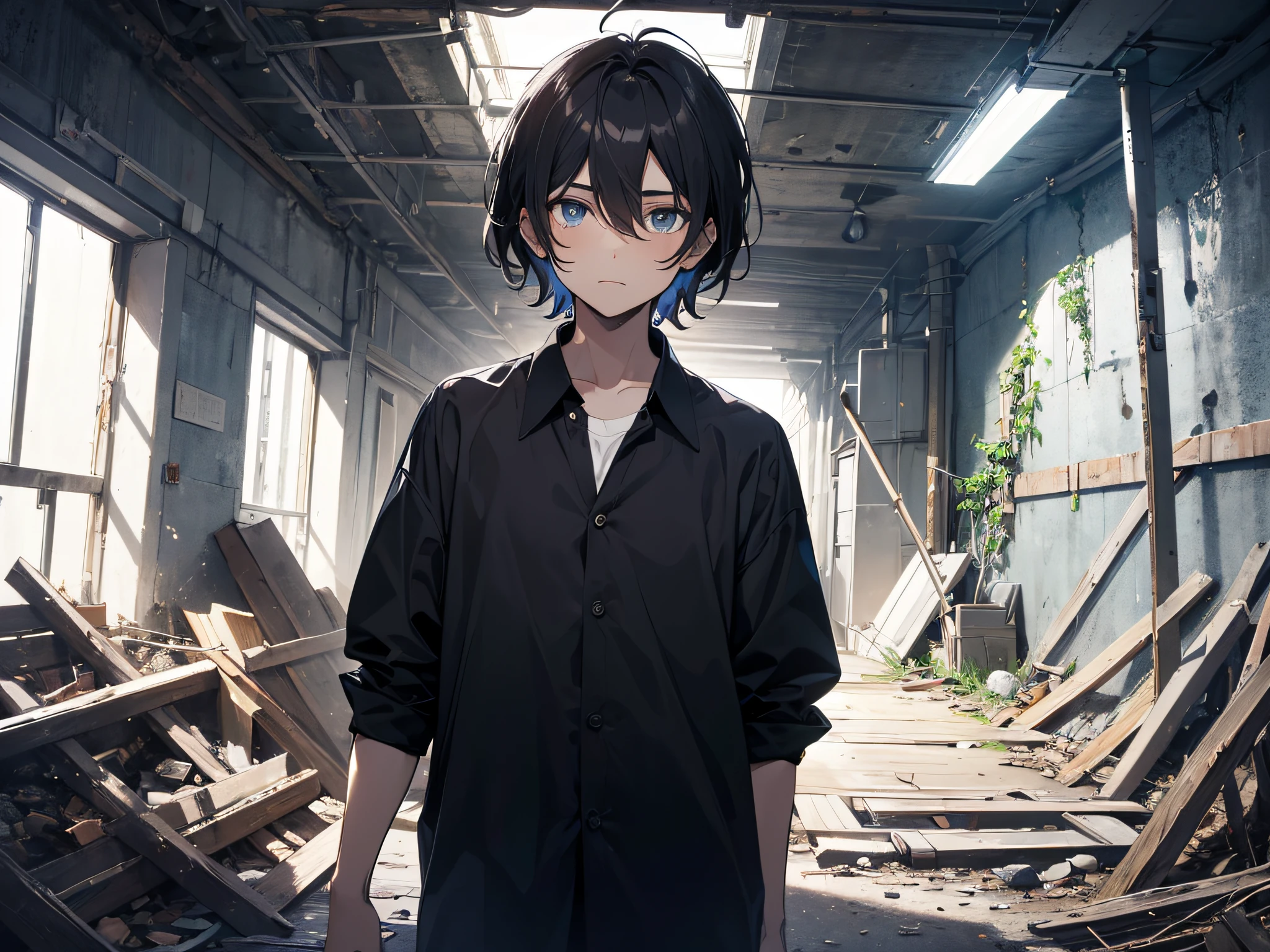 Cartoony，（The boy），Male focus，Dark hair，Blue eyes，Hair is sandwiched between the eyes，looking at viewert，bachelorhood，longer sleeves，short detailed hair，Black shirt，Blackn clothes，（Thought 1.5）（Stand in a dilapidated tunnel1.5）solo person