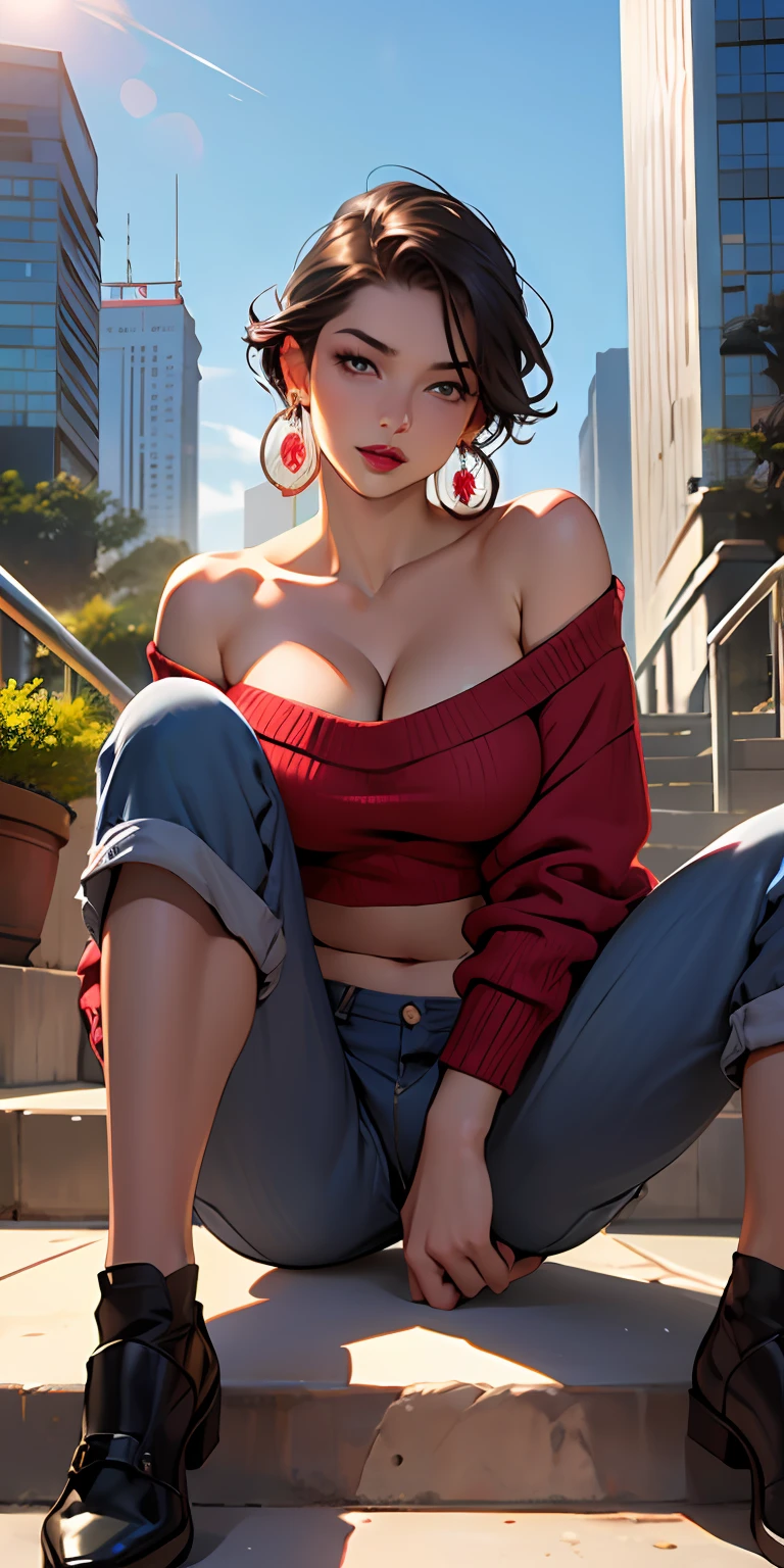 masterpiece、Top image quality、1人の女性、Beautiful woman sitting on the stairs、Legs wide open、Hands between the legs、off-the-shoulder sweater, (shortpants:1.2)、The navel is visible、Detailed facial expressions、Detailed eye、Detailed nose、((Detailed red lips))、(((爆乳)))、Female proportions considered everywhere、Skyscraper District、Sunset between buildings、Large circular earrings、beauty legs