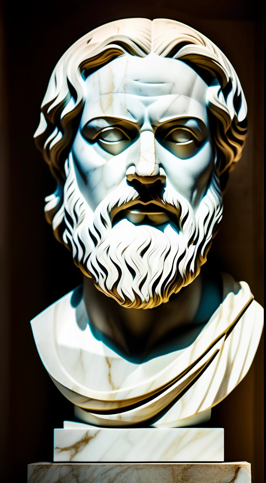 Marble sculpture of the face of the philosopher Socrates, in a destroyed place, cinematografia, Epic light and shadow, muito contraste, fotografia profissional --auto