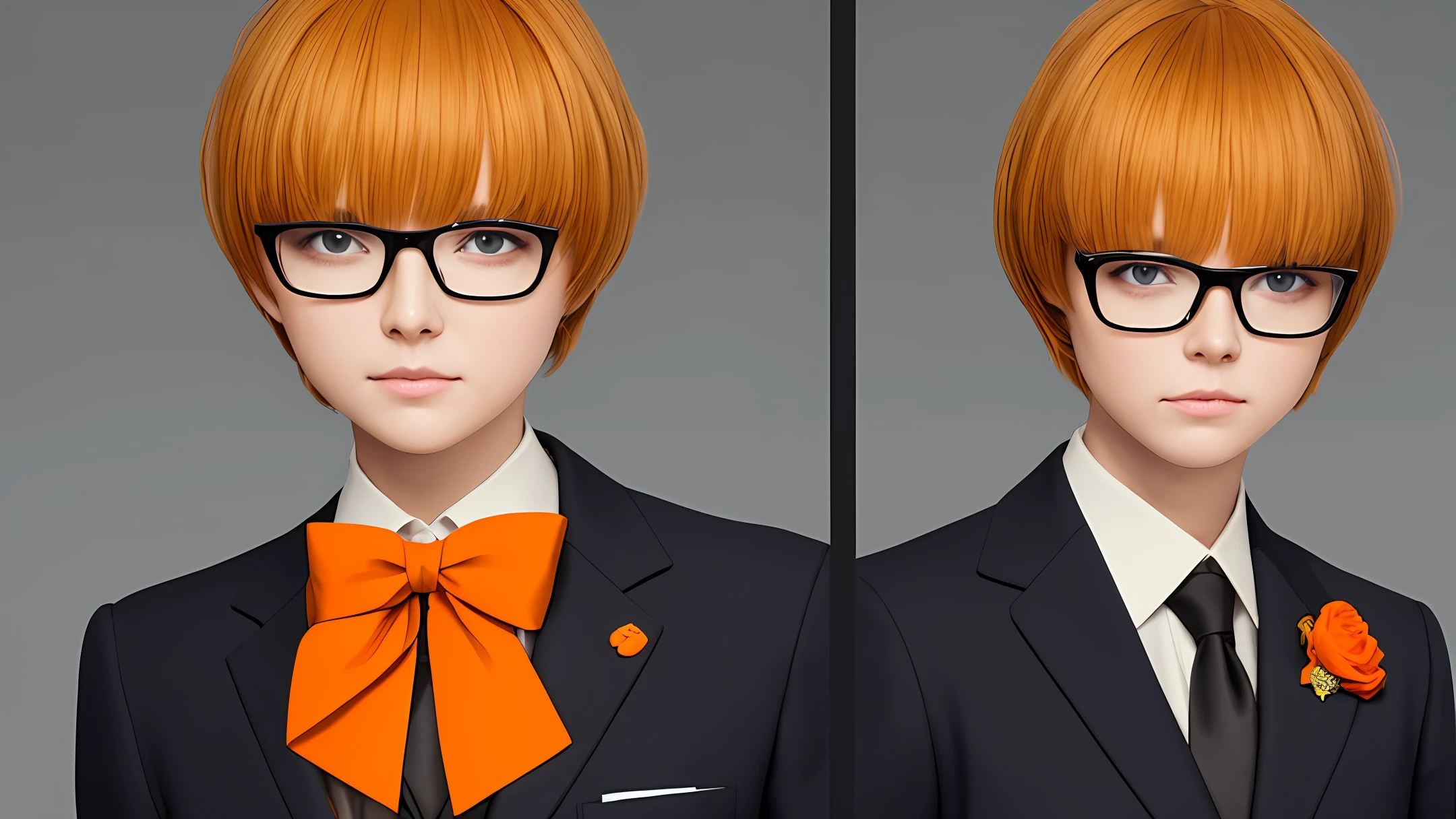 quadratic element,short yellow hair,Orange pupils,In black suit,White color blouse,Orange bow tie,Black-framed round glasses