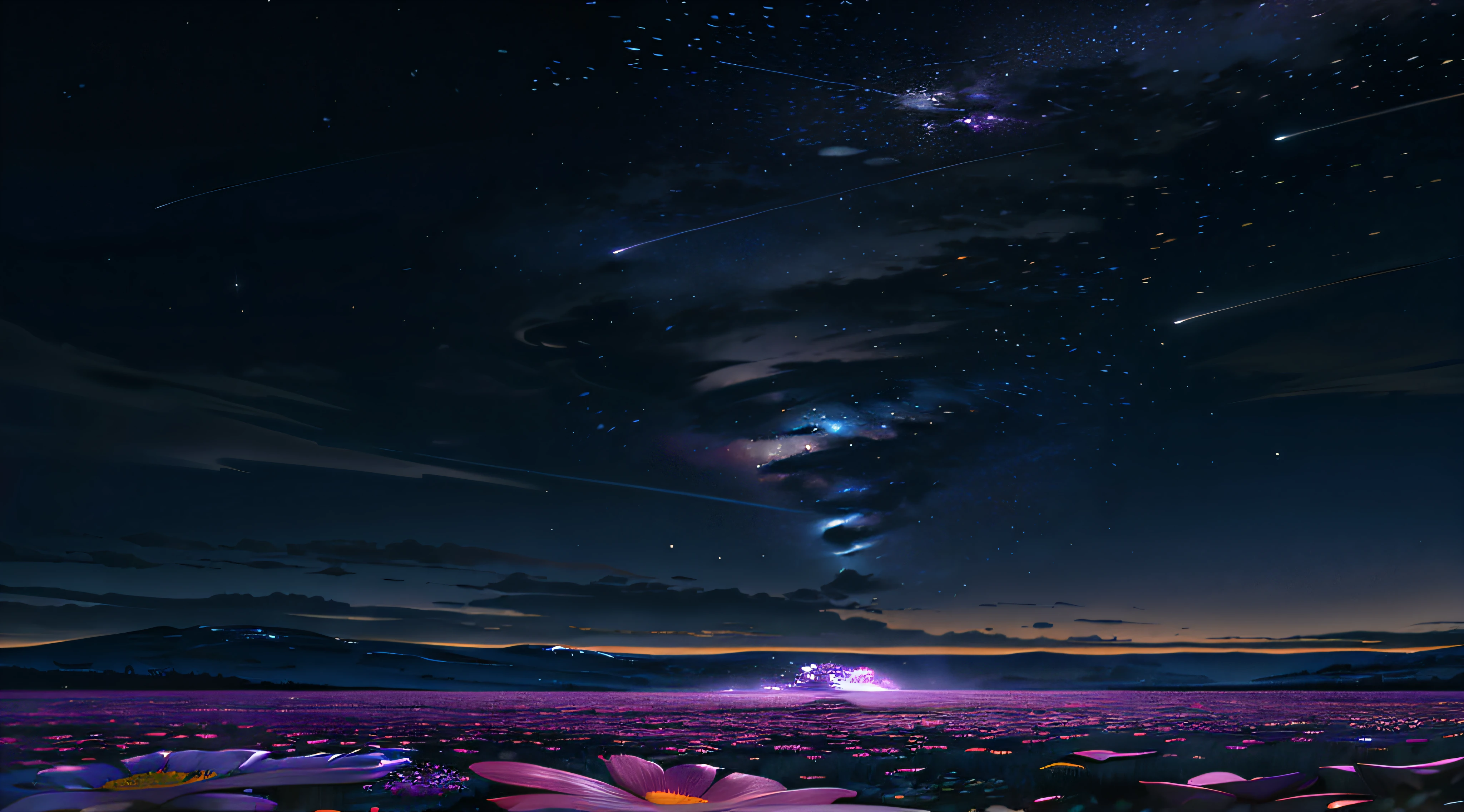 Starry sky with purple flowers and shooting stars, Night sky; 8K, Starry Sky 8 K, Cosmos Sky. By Makoto Shinkai, In the universe.Highly realistic, cosmos sem fim no fundo, galaxy in background, calm evening. Digital illustration, galaxy in the sky, space sky, near a galaxy, lost in the immensity of space