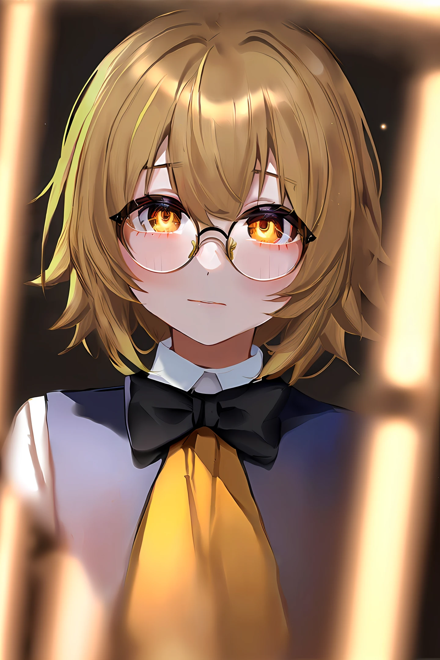 quadratic element，short yellow hair，Orange pupils，In black suit，White color blouse，Orange bow tie，Black-framed round glasses，shoun